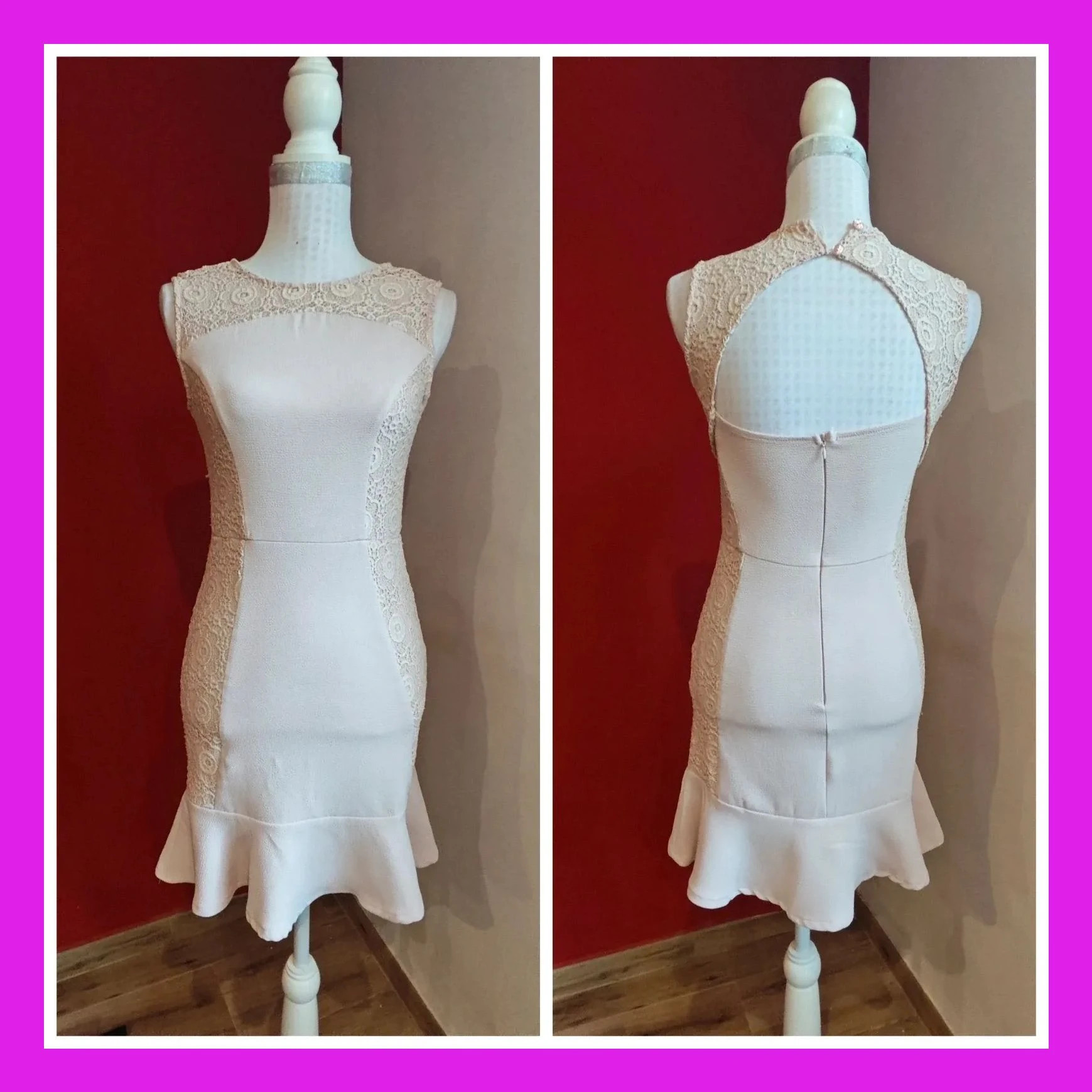 🌺Estiloso vestido de coctel tono rosa clarito con blonda en laterales y parte superior
