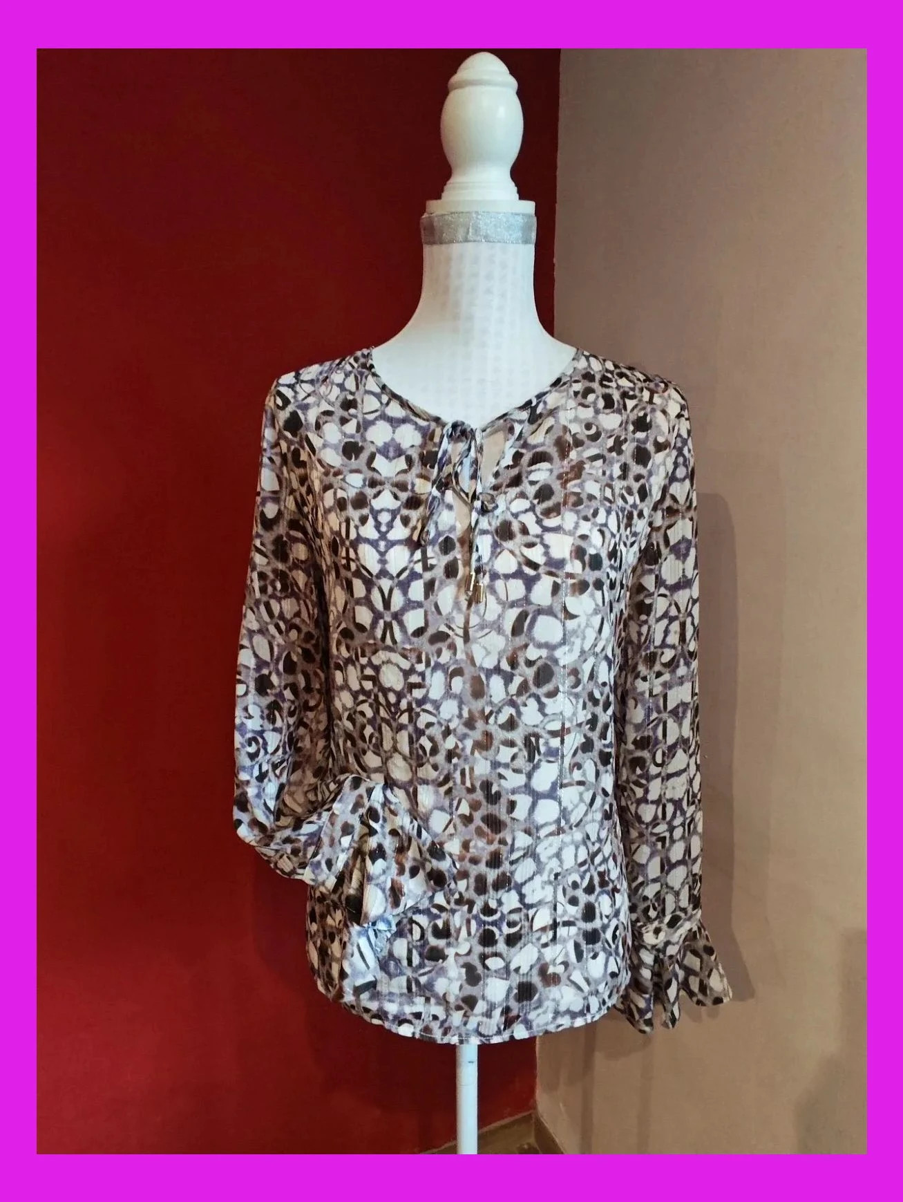 🌺Bonita blusa de gasa tonos malva, beige y marrón con hilos dorados, de Yera