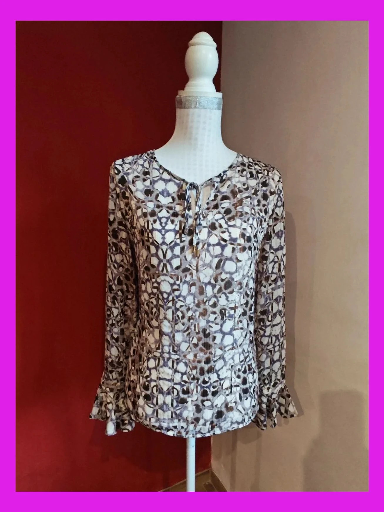 🌺Bonita blusa de gasa tonos malva, beige y marrón con hilos dorados, de Yera – Yera – taille XXL / 44 / 16 2