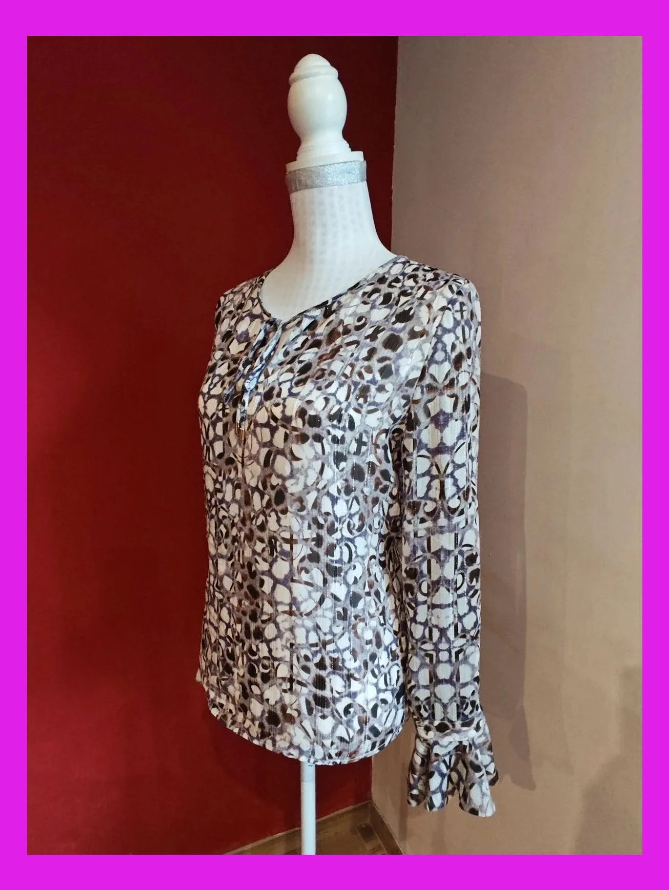 🌺Bonita blusa de gasa tonos malva, beige y marrón con hilos dorados, de Yera – Yera – taille XXL / 44 / 16 3
