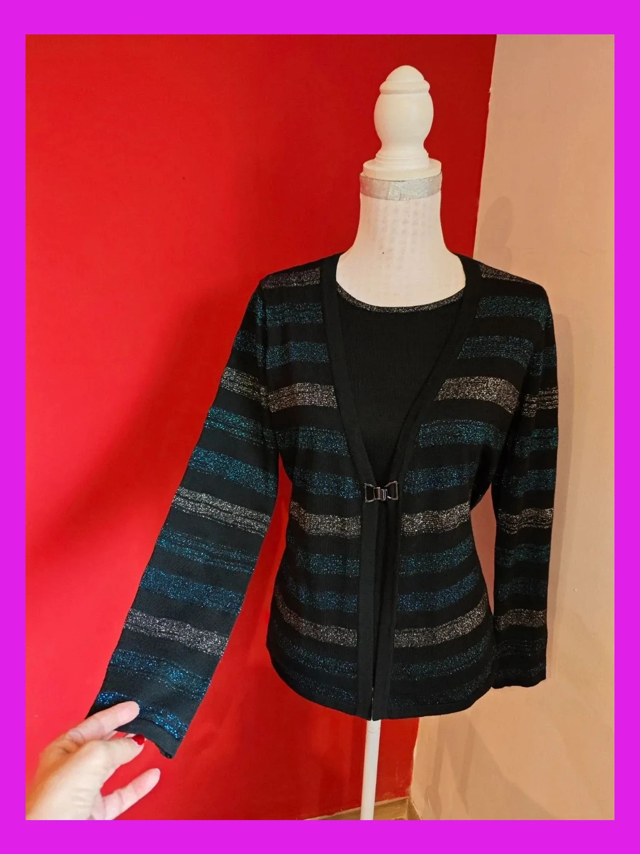 🌺 Original jersey con solapas con broche de punto negro con franjas azul y plateado con brillos – C&A – taille L / 40 / 12 2
