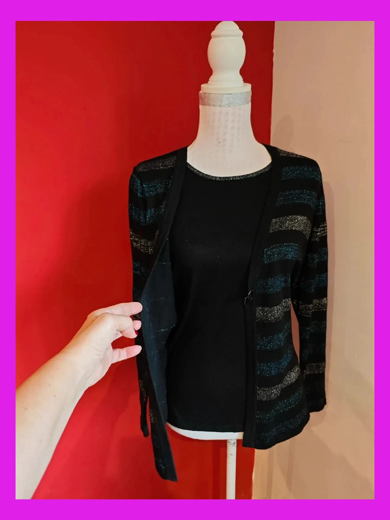 🌺 Original jersey con solapas con broche de punto negro con franjas azul y plateado con brillos – C&A – taille L / 40 / 12 4