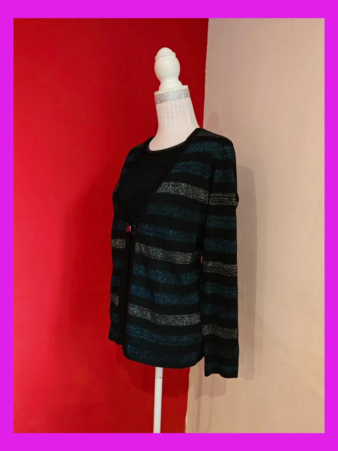 🌺 Original jersey con solapas con broche de punto negro con franjas azul y plateado con brillos – C&A – taille L / 40 / 12 5