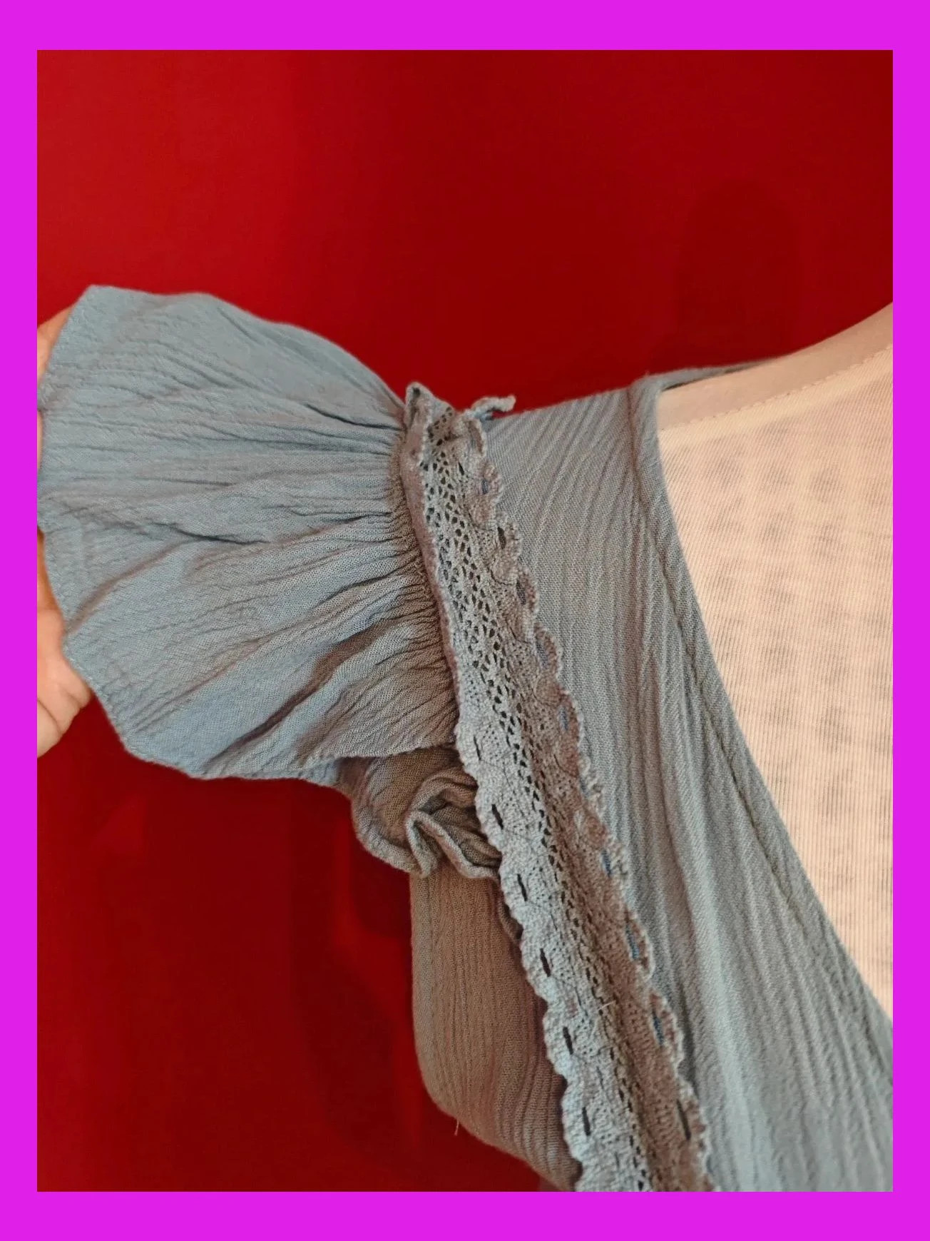 🌺Blusa azul claro con cintas de crochet delante con volantes en hombros – ONLY – taille XL / 42 / 14 3