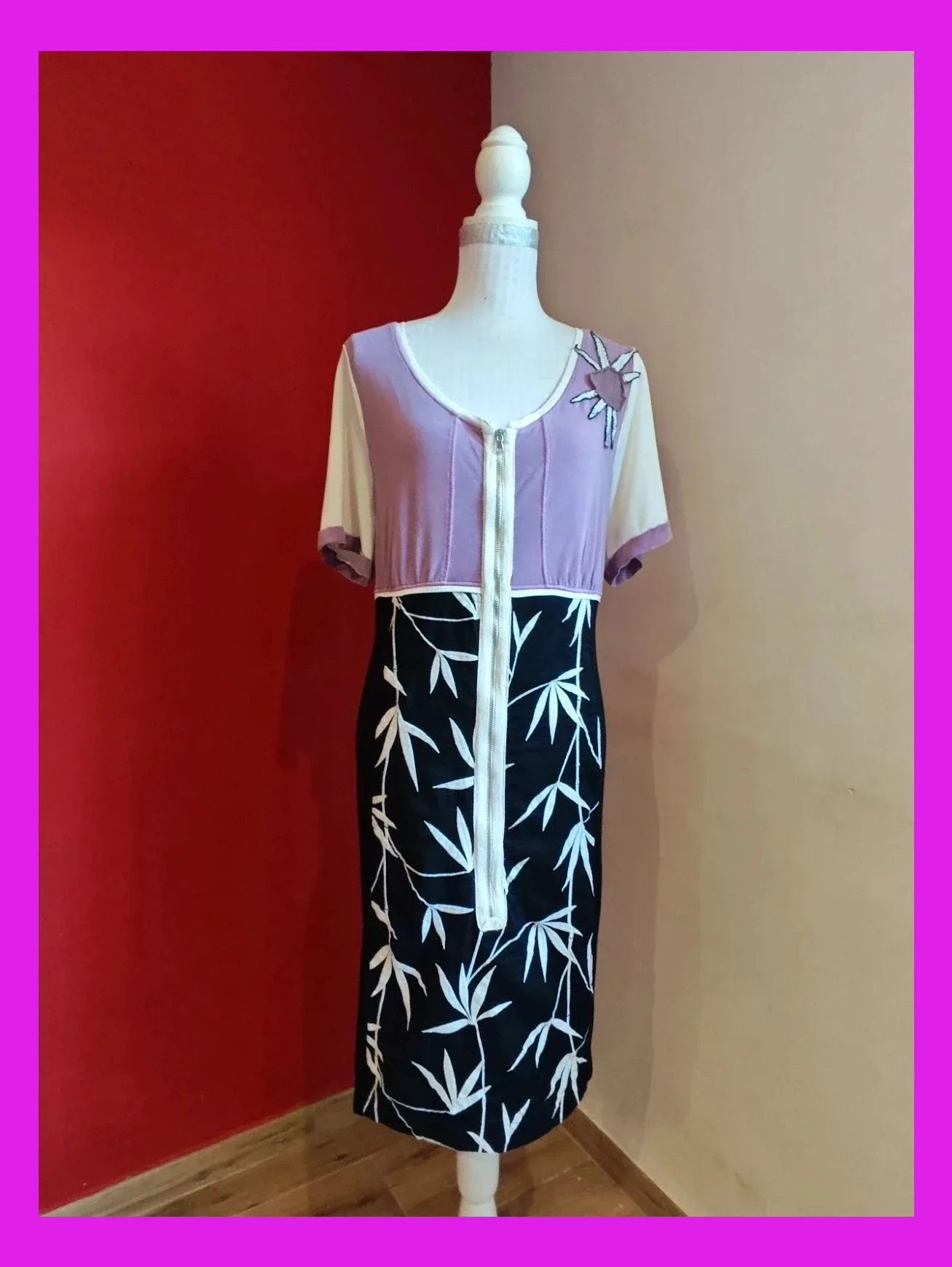 🌺 Vestido negro y lila con hojas bordadas en la falda y cremallera frontal – Vintage Dressing – taille XXL / 44 / 16