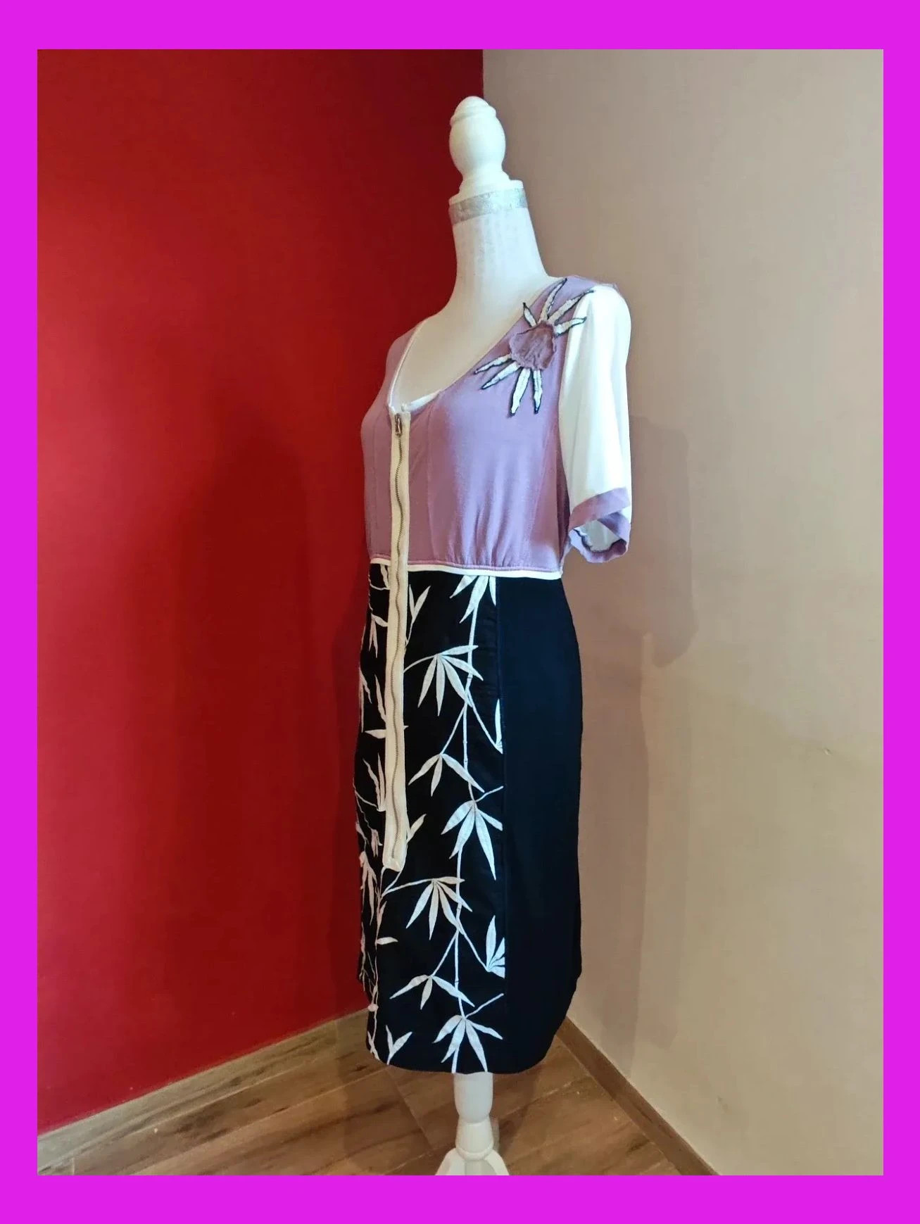 🌺 Vestido negro y lila con hojas bordadas en la falda y cremallera frontal – Vintage Dressing – taille XXL / 44 / 16 2