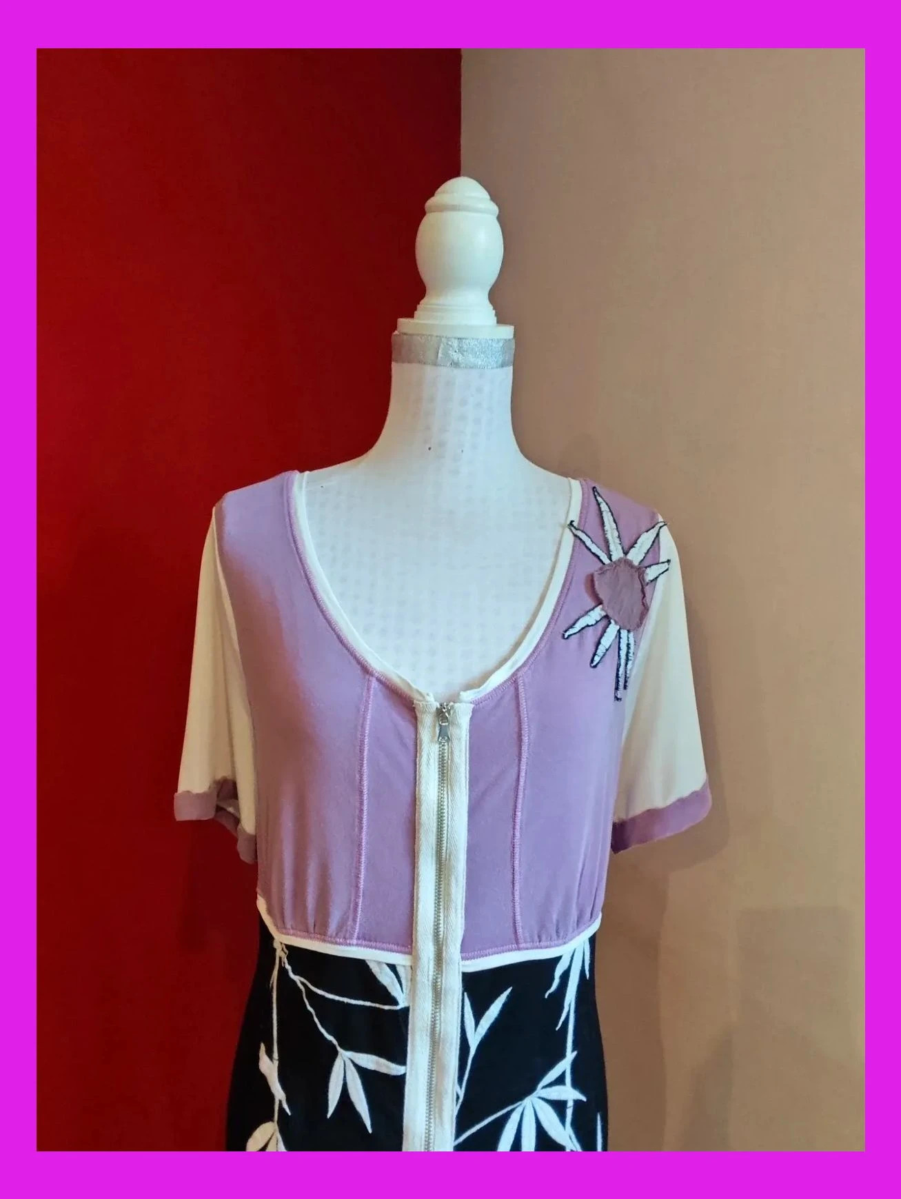 🌺 Vestido negro y lila con hojas bordadas en la falda y cremallera frontal – Vintage Dressing – taille XXL / 44 / 16 3