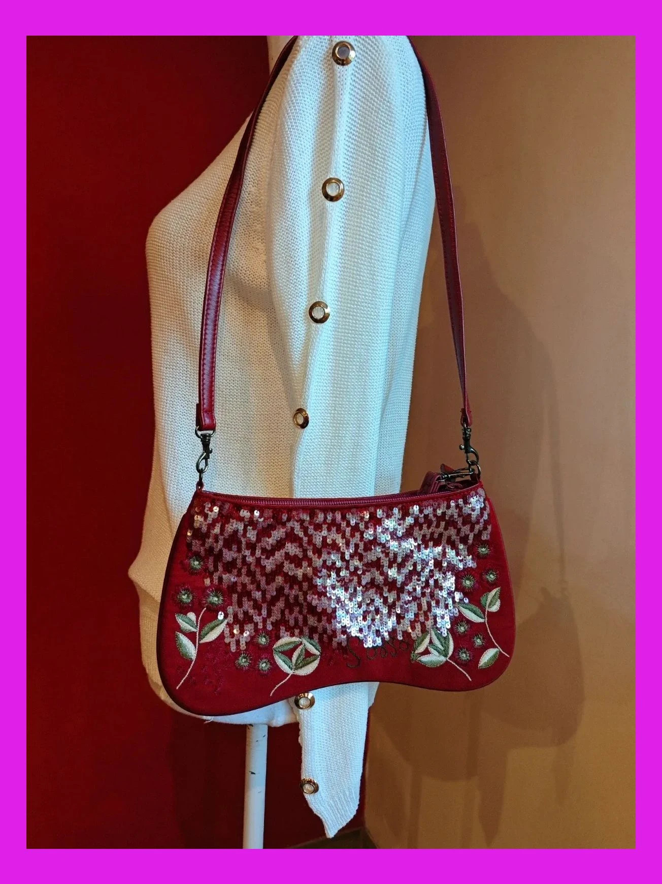 🌺Bolso de antelina granate con bordados y lentejuelas, símil ante y borde polipiel