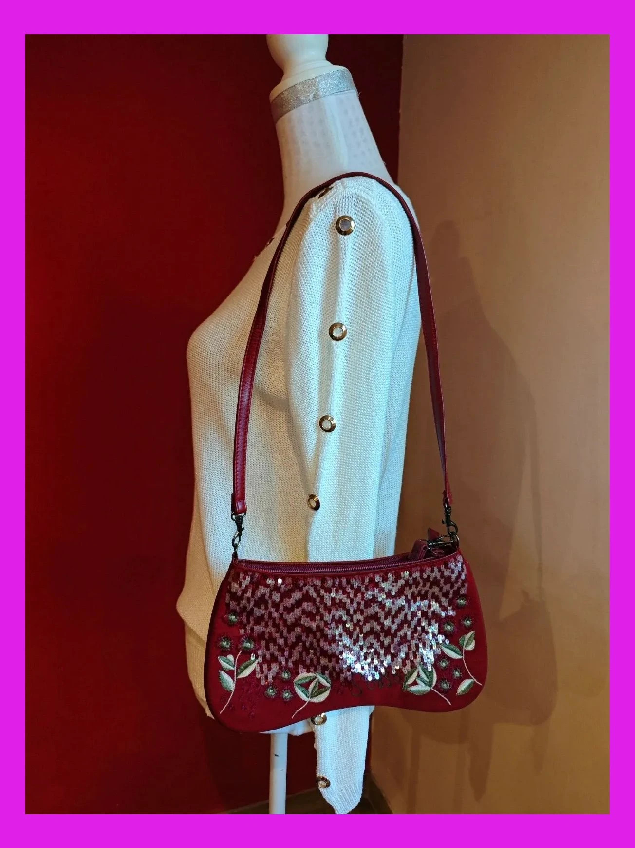 🌺Bolso de antelina granate con bordados y lentejuelas, símil ante y borde polipiel – Vintage Chic 2