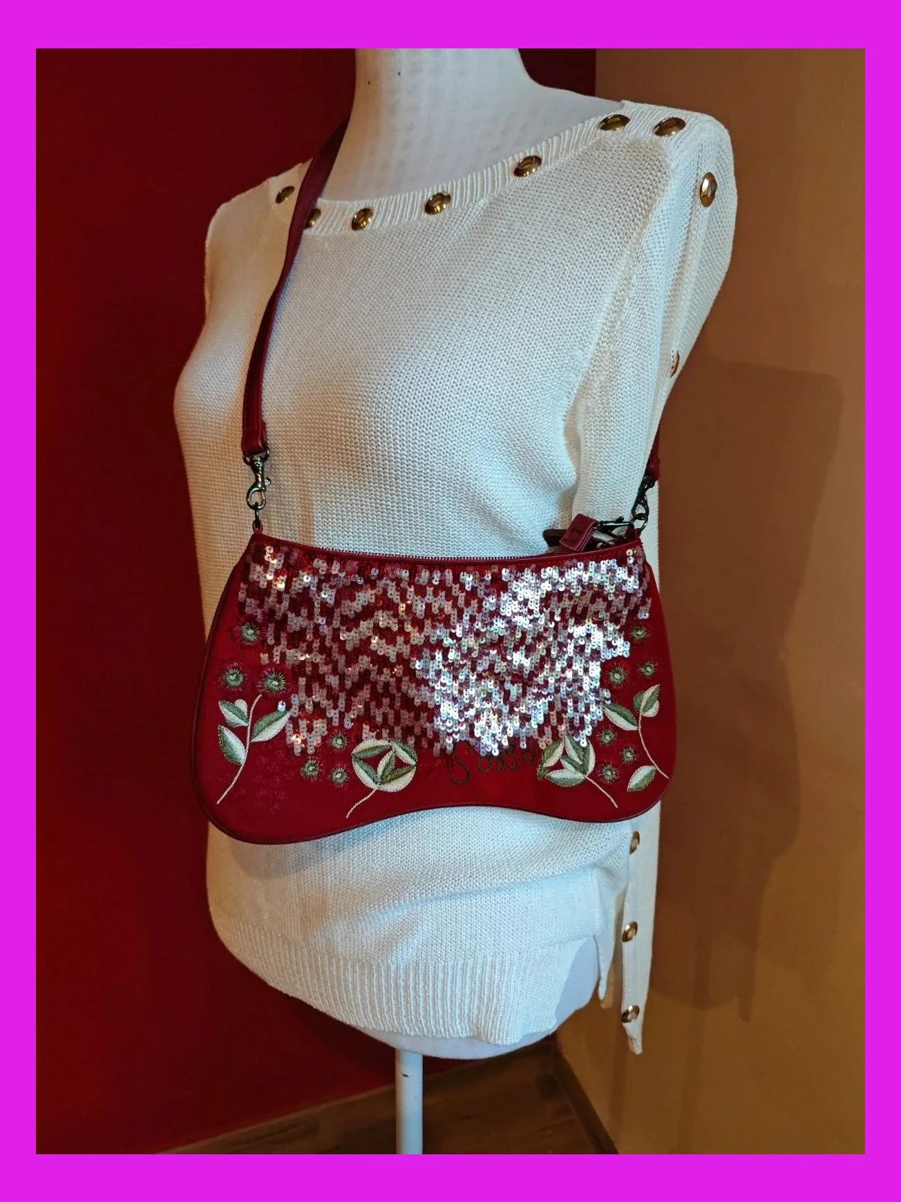 🌺Bolso de antelina granate con bordados y lentejuelas, símil ante y borde polipiel – Vintage Chic 3