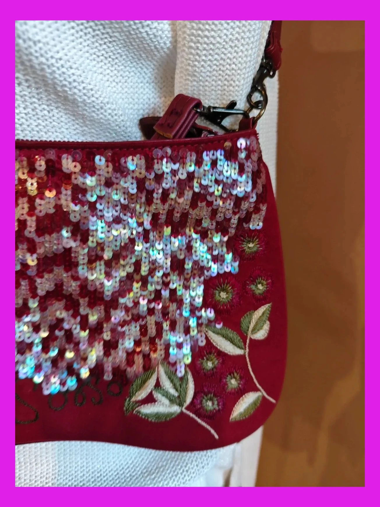 🌺Bolso de antelina granate con bordados y lentejuelas, símil ante y borde polipiel – Vintage Chic 5
