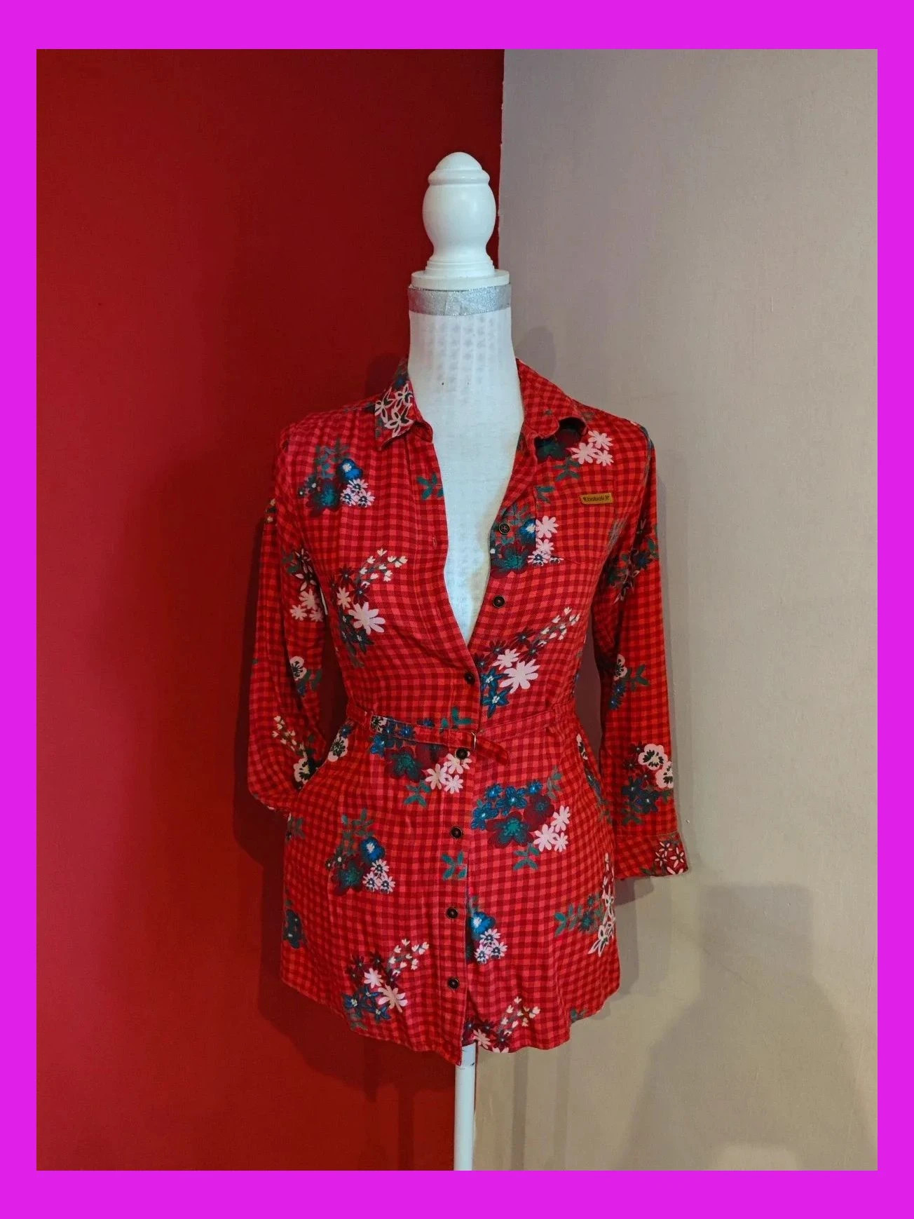 🌺Camisa / Vestido con cuadritos rojos y estampado floral, de Boboli, para niña de 10 años
