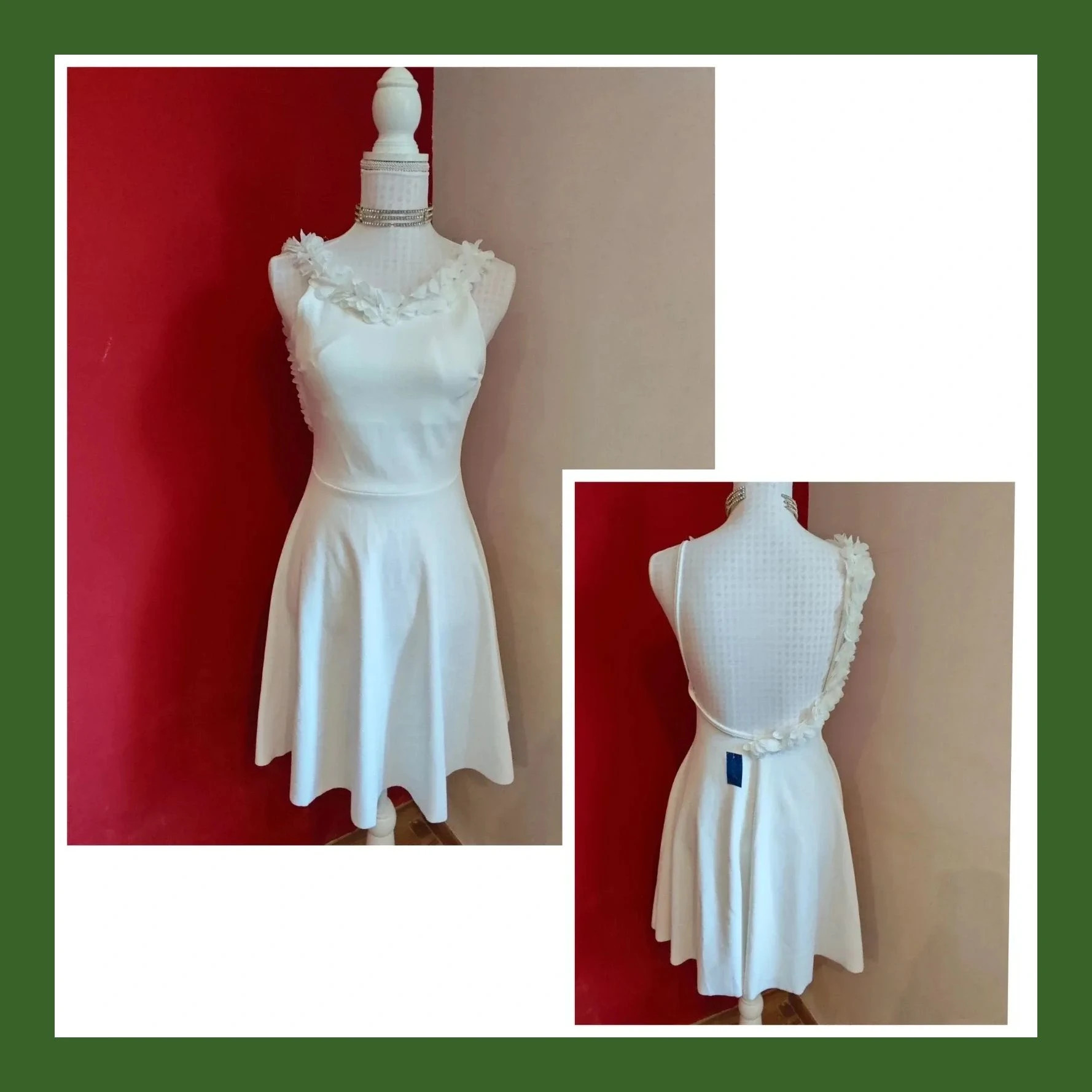 🎁 Espectacular vestido blanco con flores de gasa en escote y tirante trasero