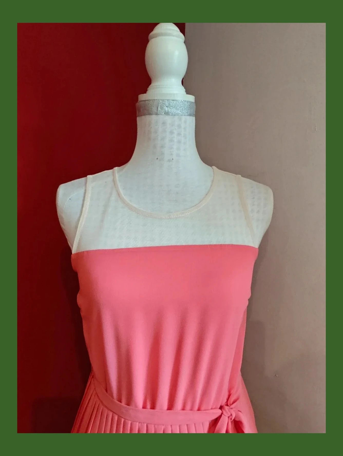 🌺 Precioso vestido de gasa tono coral con parte superior crema transparente – Even&Odd – taille M / 38 / 10 4