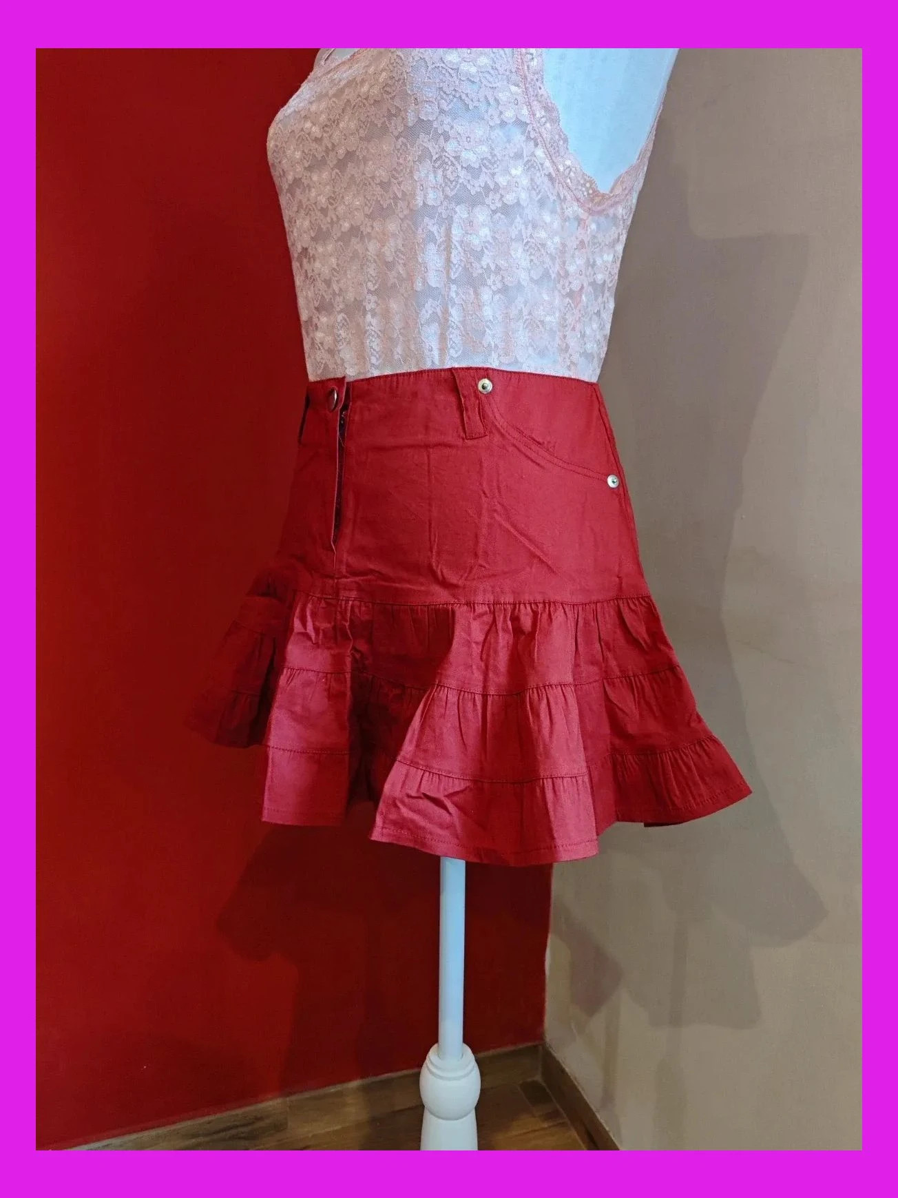 🌺Minifalda de algodón granate con volantes superpuestos, talla M – Pronomio – taille M / 38 / 10 2