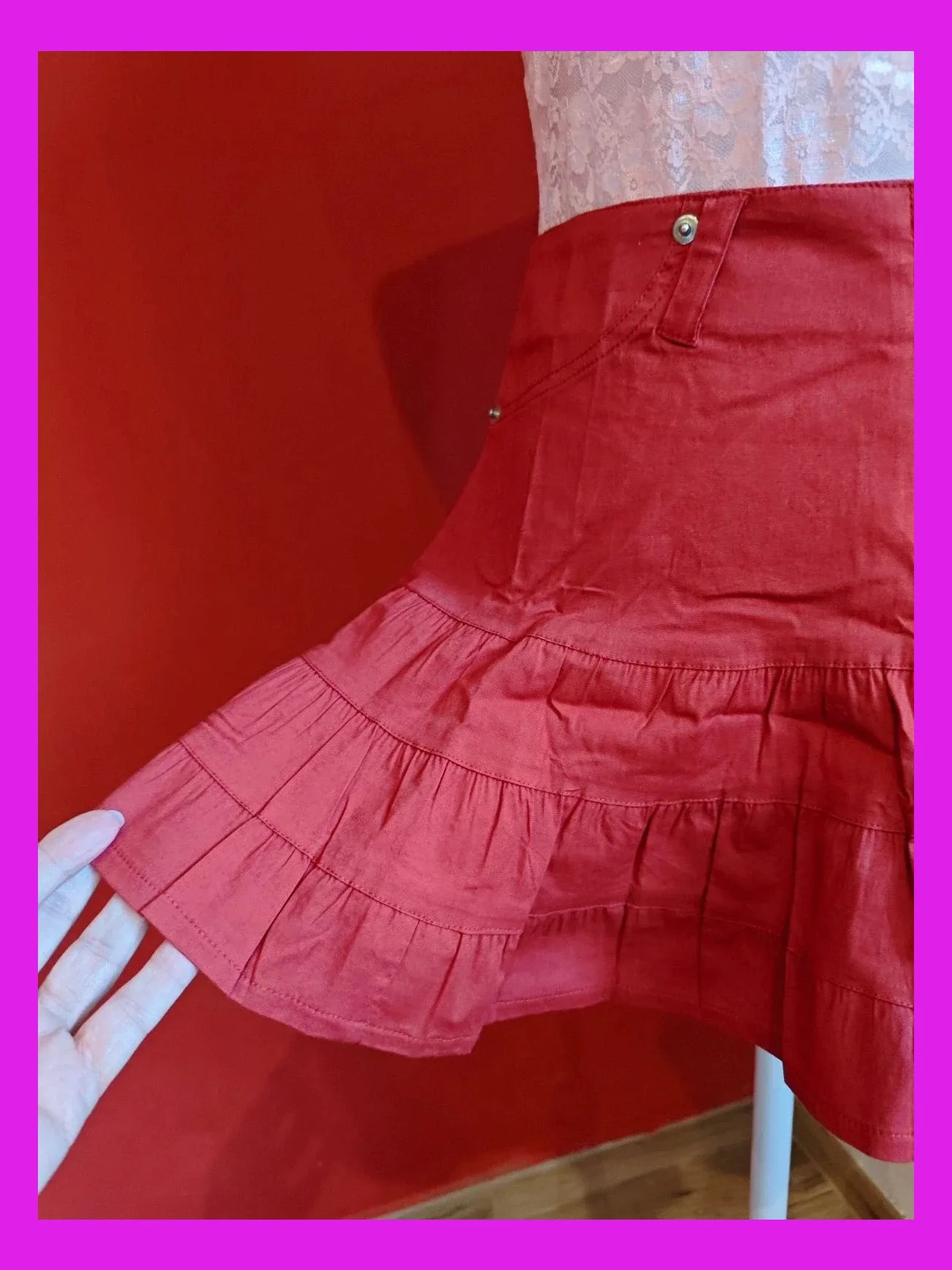 🌺Minifalda de algodón granate con volantes superpuestos, talla M – Pronomio – taille M / 38 / 10 3