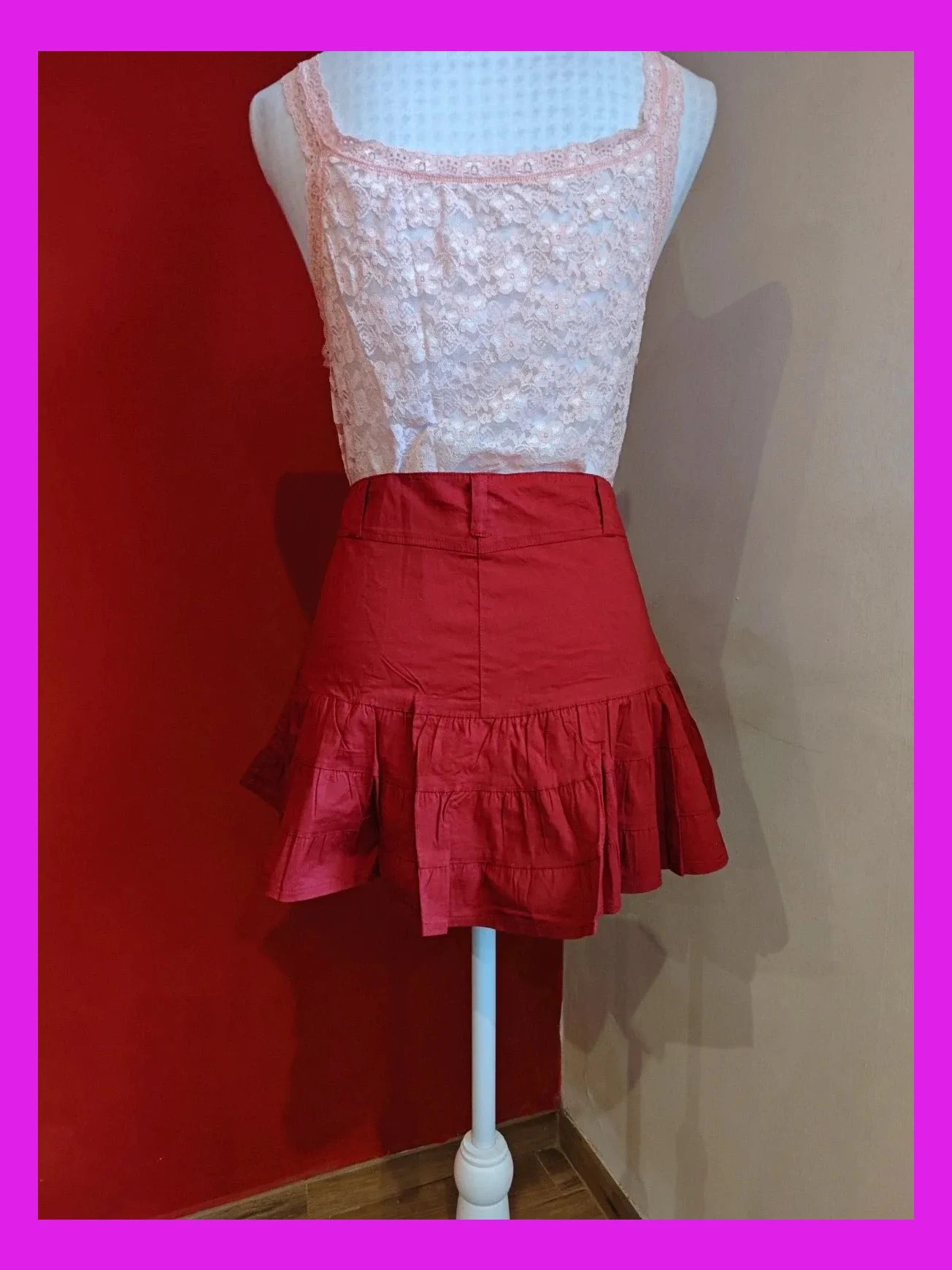 🌺Minifalda de algodón granate con volantes superpuestos, talla M – Pronomio – taille M / 38 / 10 5