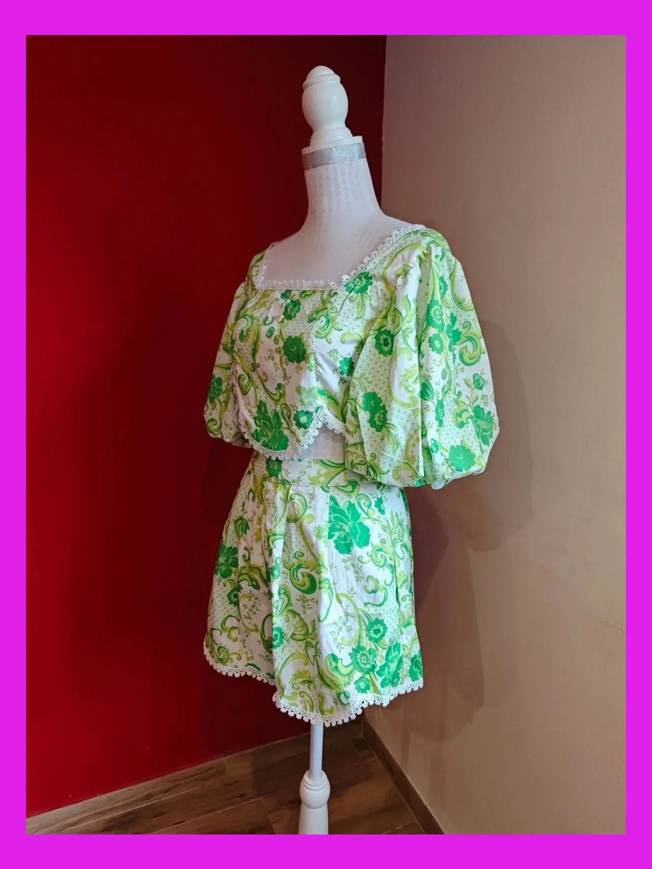 🌺 Precioso Conjunto de crop top y short estampado verde y blanco con crochet en borde, talla M – Flam Mode – taille M / 38 / 10 2
