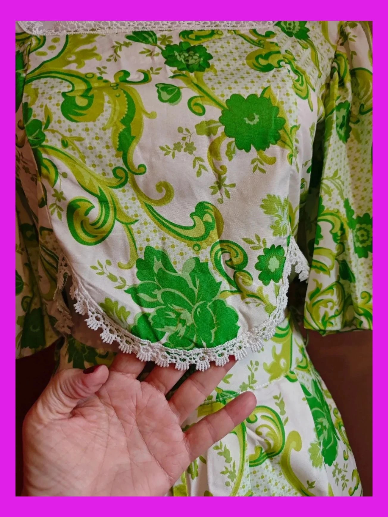 🌺 Precioso Conjunto de crop top y short estampado verde y blanco con crochet en borde, talla M – Flam Mode – taille M / 38 / 10 5
