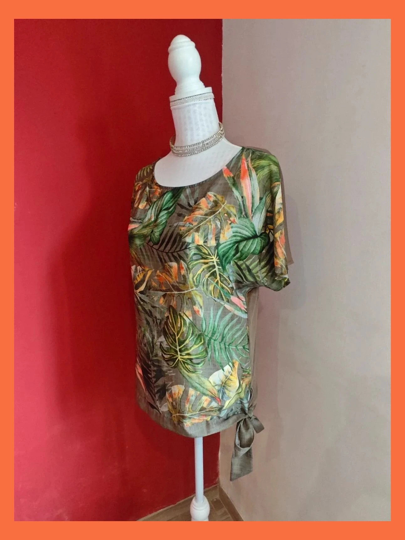 🌺 Camiseta con estampado tropical tonos verdes y naranja delante y liso de punto detrás – Cortefiel – taille XL / 42 / 14 2