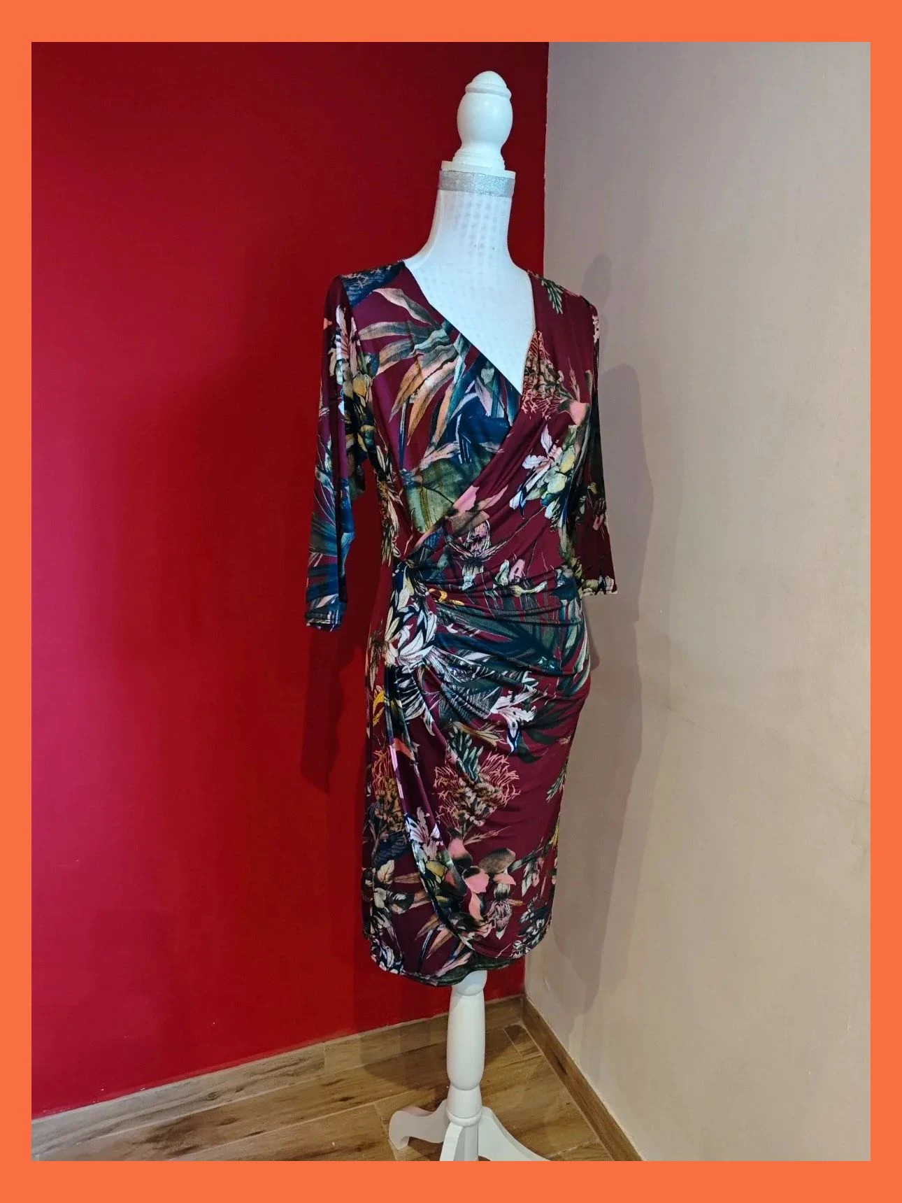 🌺 Vestido granate con estampado tonos otoñales, cruzado delante – Vintage Boutique – taille M / 38 / 10 2