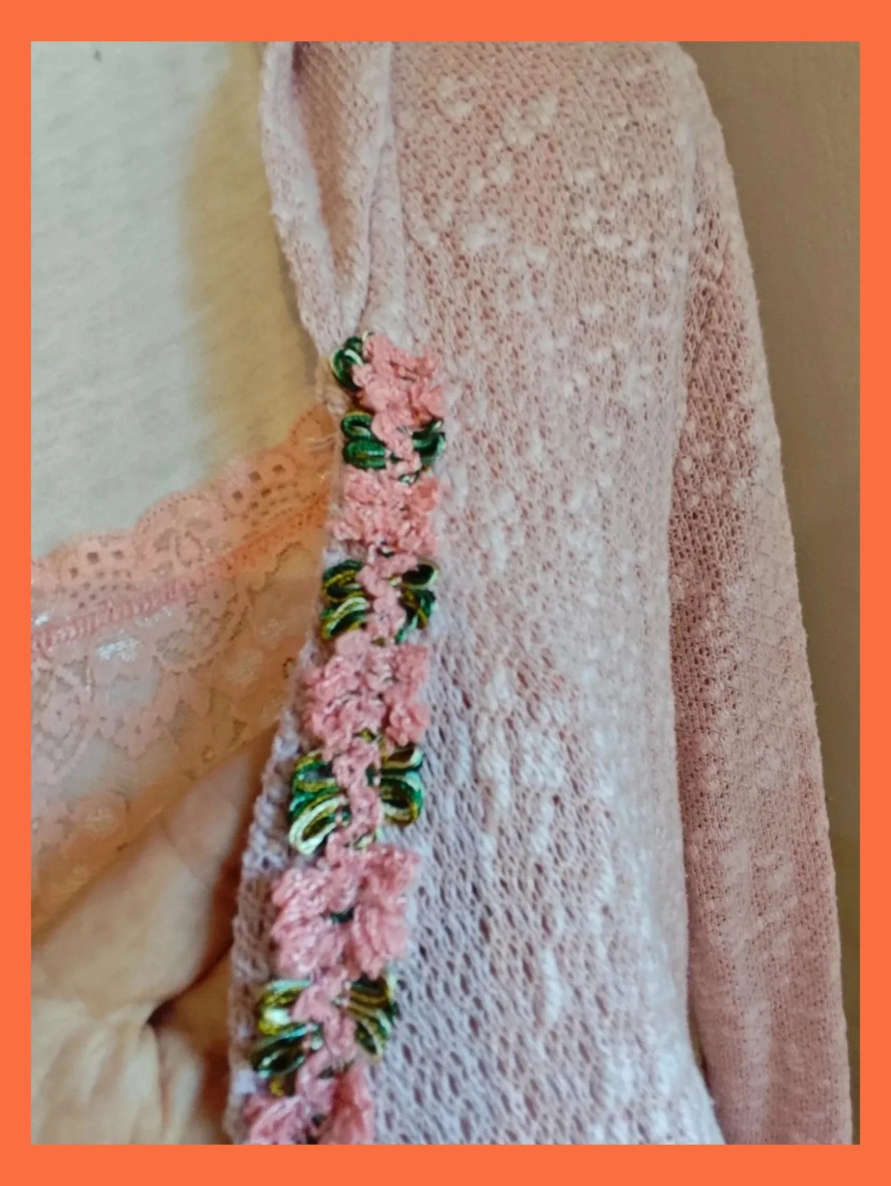 🌺Original chaqueta de punto de algodón rosa jaspeado con pasamanería bordada – Colours of the World – taille 4XL / 48 / 20 4