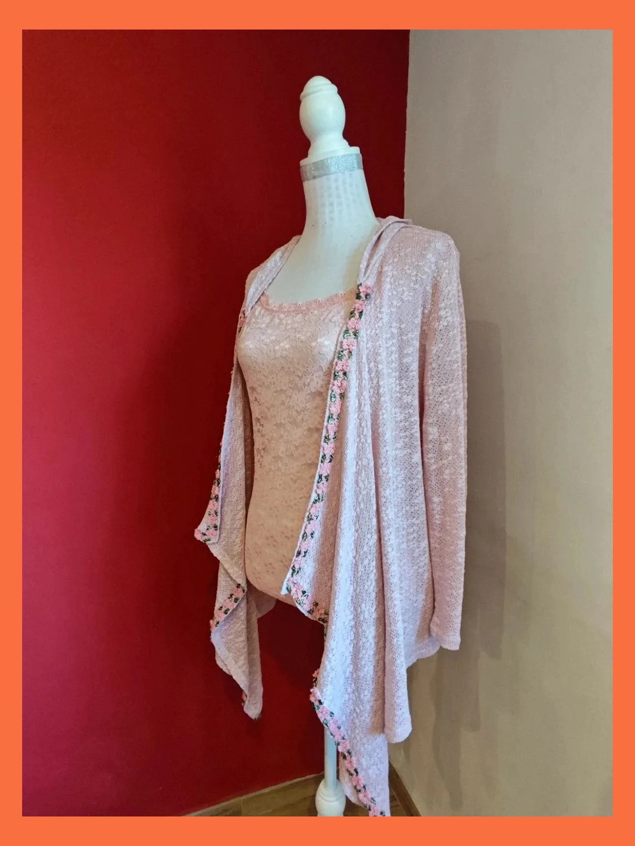🌺Original chaqueta de punto de algodón rosa jaspeado con pasamanería bordada – Colours of the World – taille 4XL / 48 / 20 2