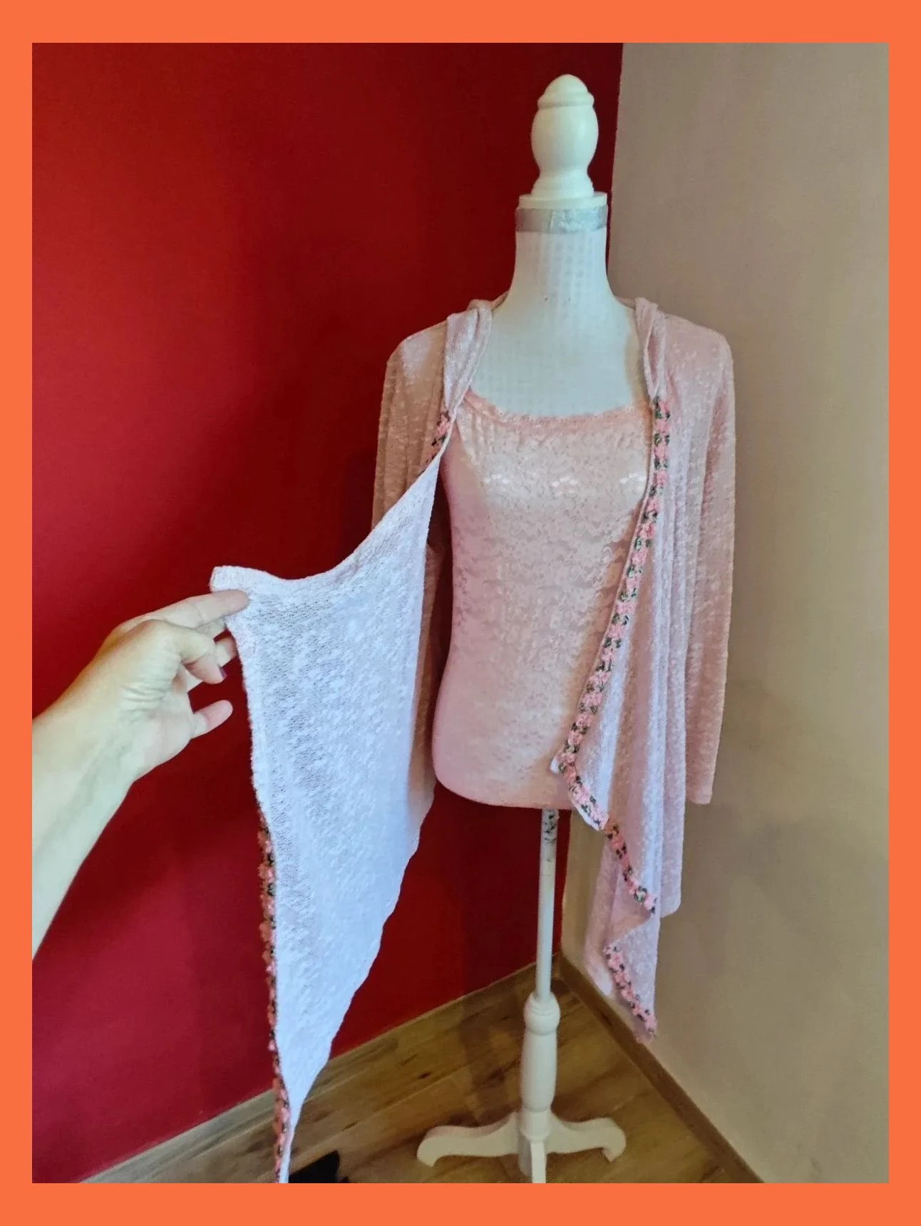 🌺Original chaqueta de punto de algodón rosa jaspeado con pasamanería bordada – Colours of the World – taille 4XL / 48 / 20 3