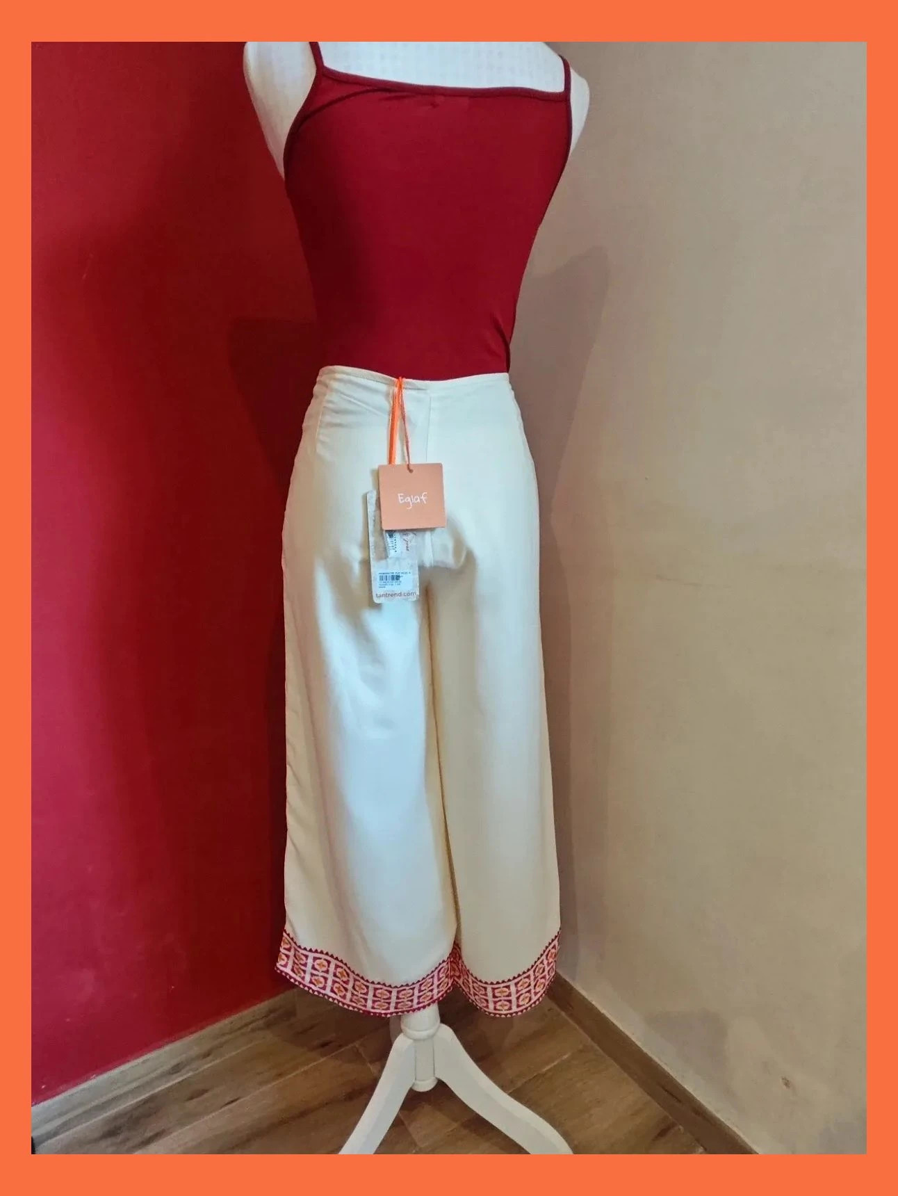 🌺Elegante pantalón culotte de color blanco/crudo, de corte amplio y fluido con bordados en bajos – Tantrend – taille L / 40 / 12 5