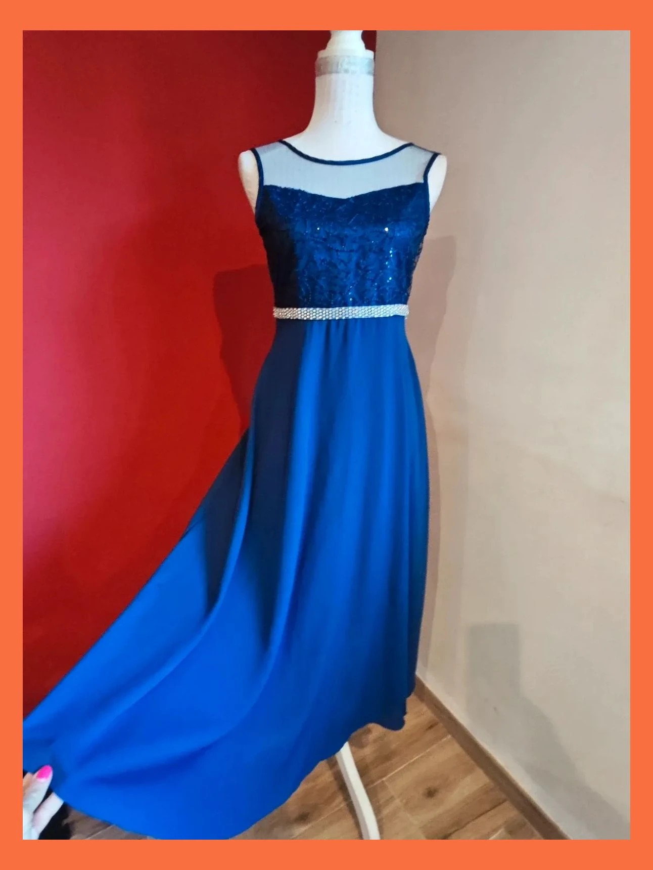 🌺 Elegante vestido para eventos azulón con cuerpo de gas con lentejuelas y cintura de brillantes – Sunny Fashion – taille S / 36 / 8 3