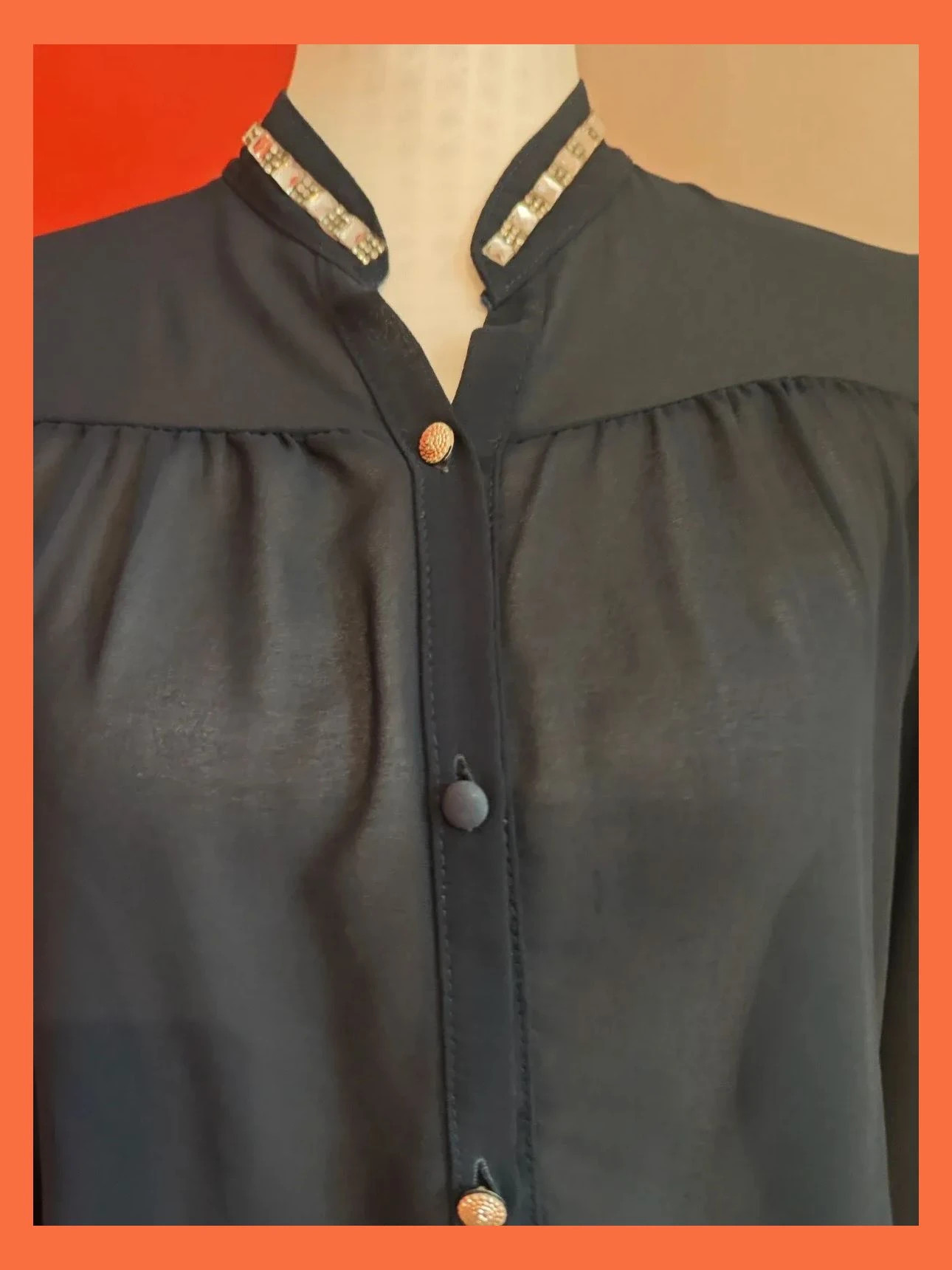🌺Blusa de gasa azul marino con abalorios plateados en cuello y puños – Made In Italy – taille XXXL / 46 / 18 4