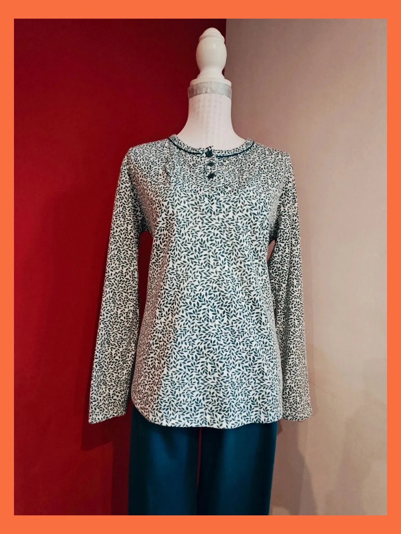 🌺 Cómodo y calentito pijama de algodón 85% verde y blanco con estampado de hojas en la camiseta – Sweet Secret – taille XXL / 44 / 16 5