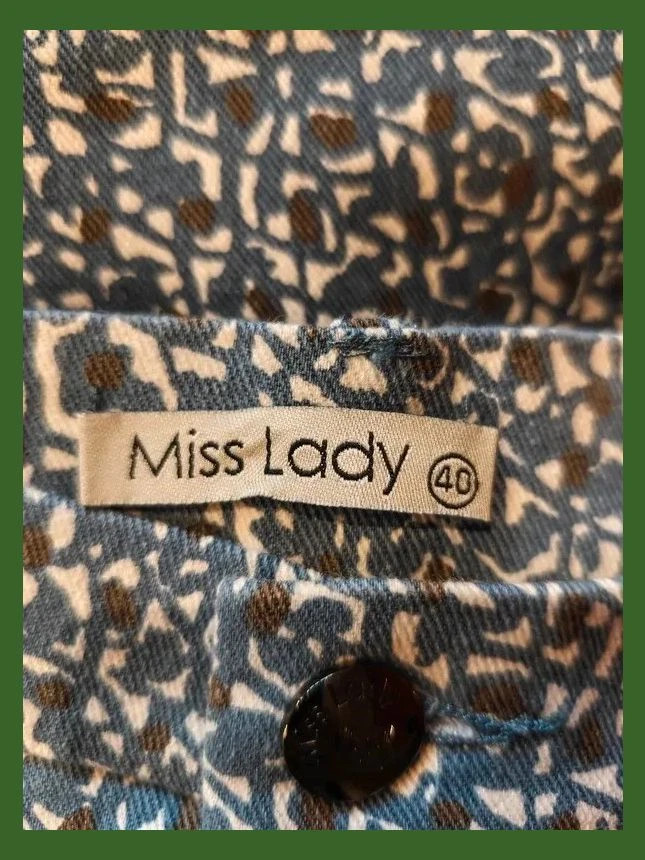 🌺 Pantalón pitillo de algodón elástico tonos azul, blanco y marrón, talla L – Miss Lady – taille L / 40 / 12 5