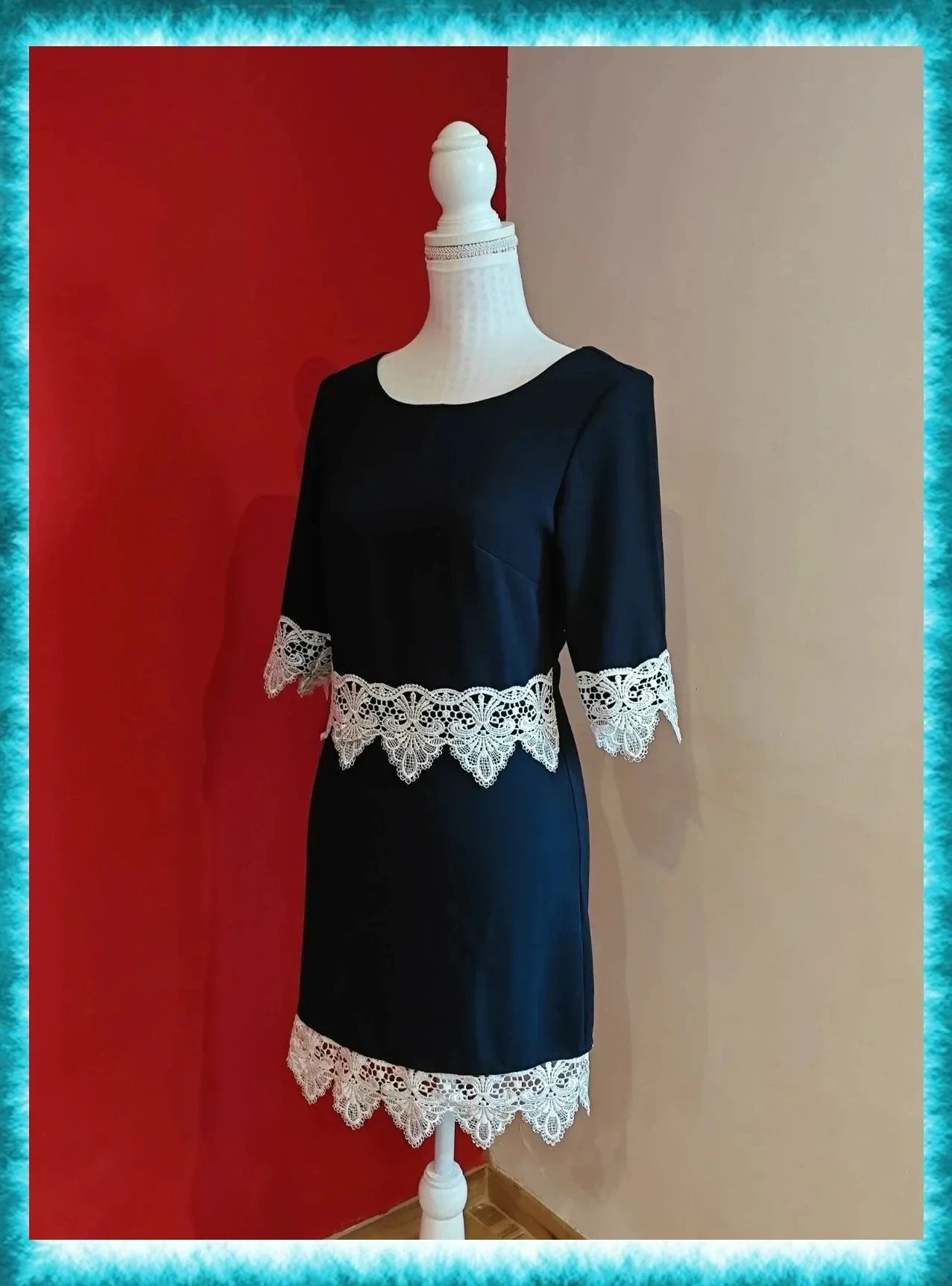 🌺 Precioso vestido entallado negro con crochet blanco en cintura mangas y bajo – GIRLS ON FILM – taille M / 38 / 10 2