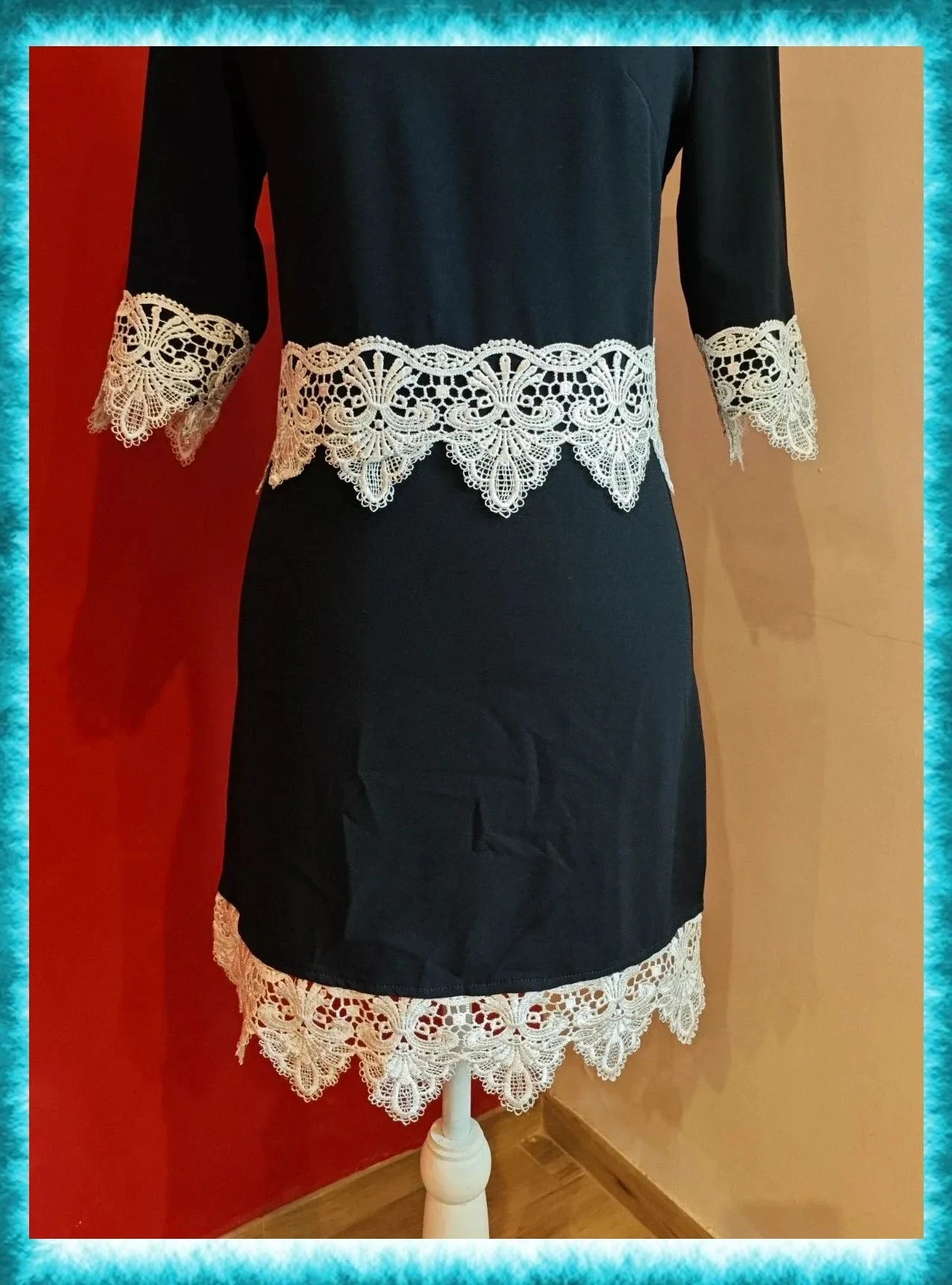 🌺 Precioso vestido entallado negro con crochet blanco en cintura mangas y bajo – GIRLS ON FILM – taille M / 38 / 10 3