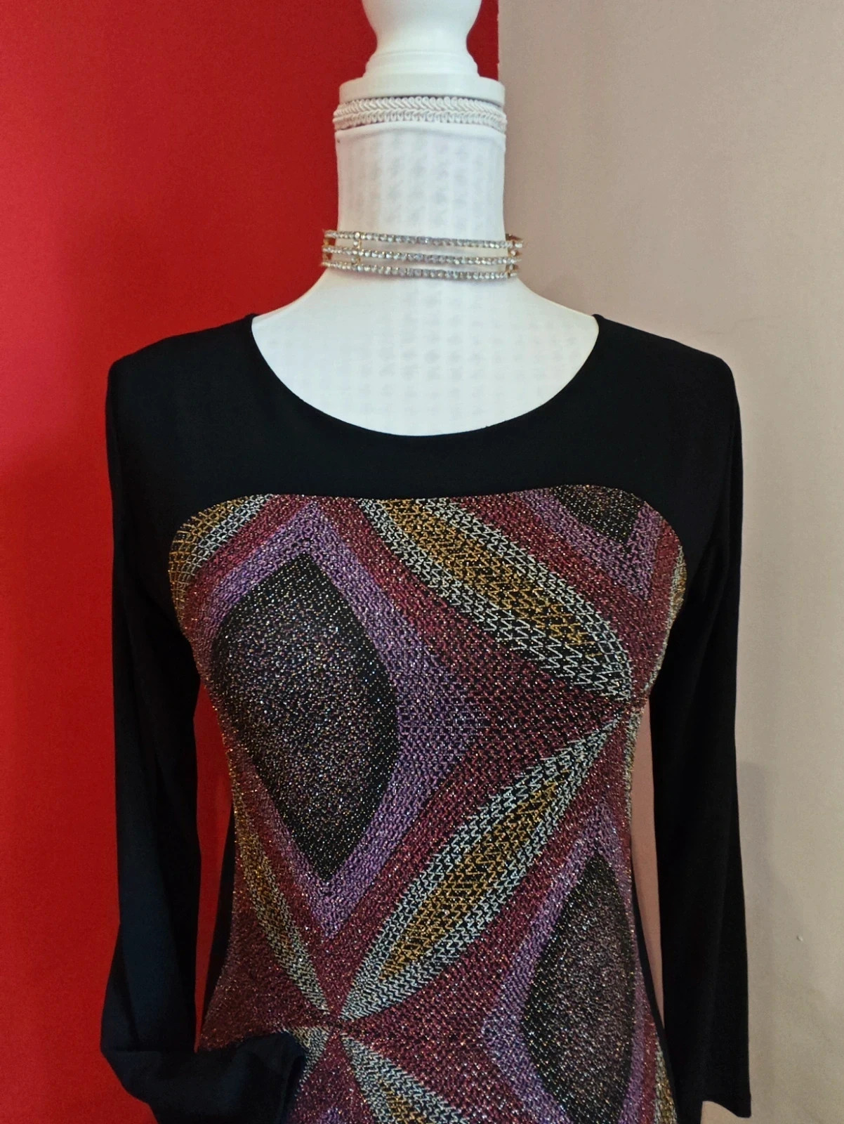 🌺Vestido negro con estampado con brillos de varios tonos en la parte delantera – Festa – taille M / 38 / 10 3