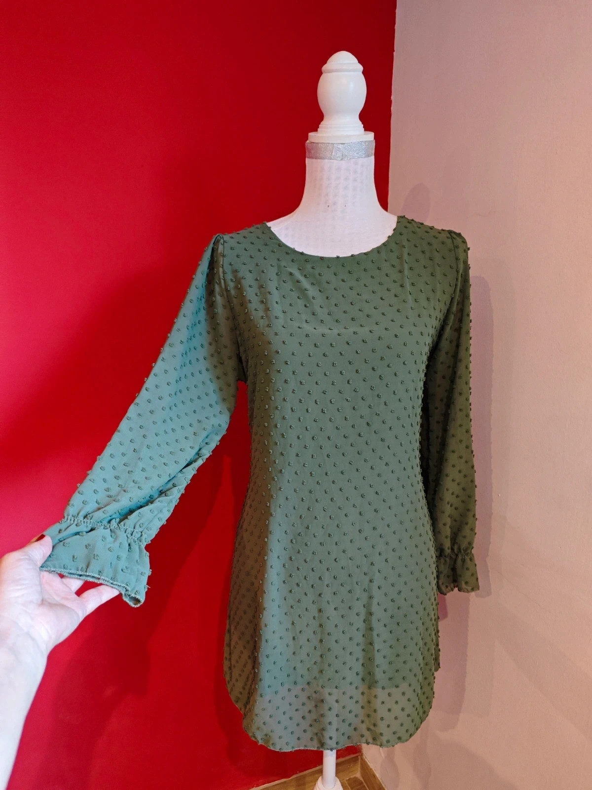 🌺Vestido de tela plumeti verde caqui – Viola Moda – taille XL / 42 / 14 2