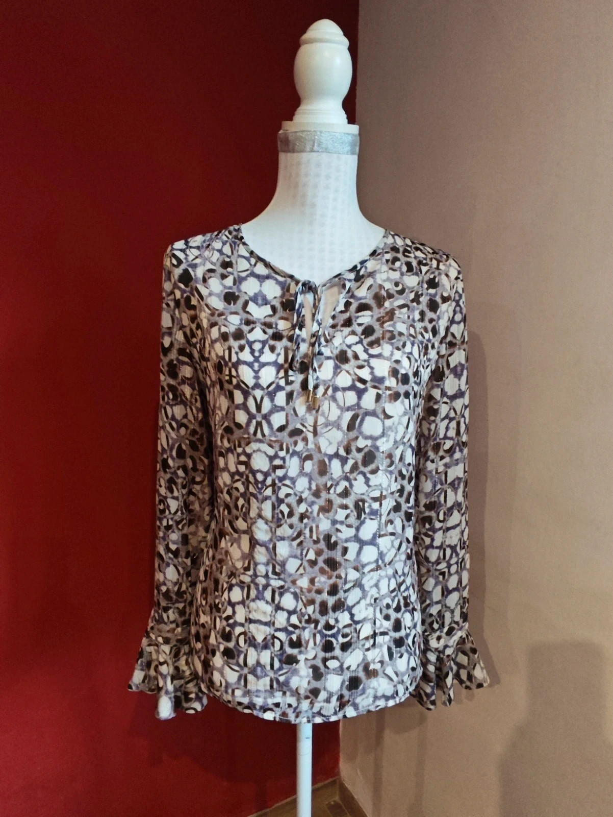 🌺Bonita blusa de gasa tonos malva, beige y marrón con hilos dorados, de Yera – Yera – taille XXL / 44 / 16 2