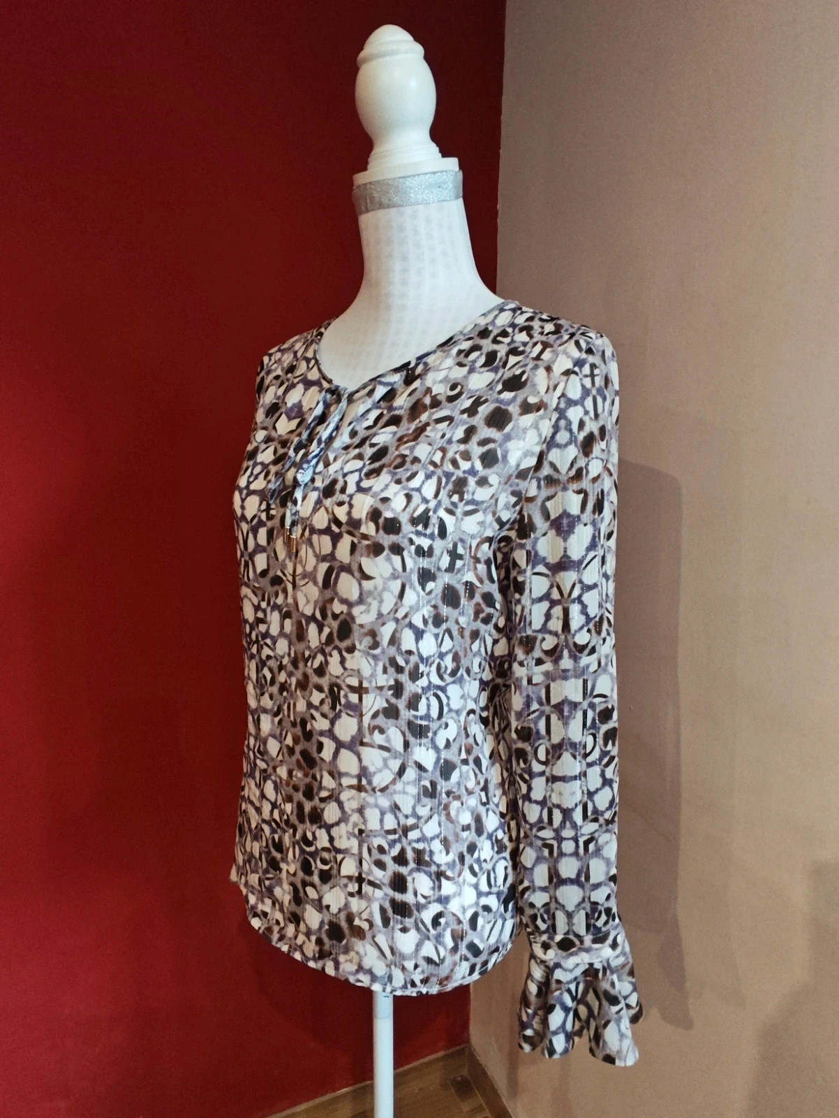 🌺Bonita blusa de gasa tonos malva, beige y marrón con hilos dorados, de Yera – Yera – taille XXL / 44 / 16 3