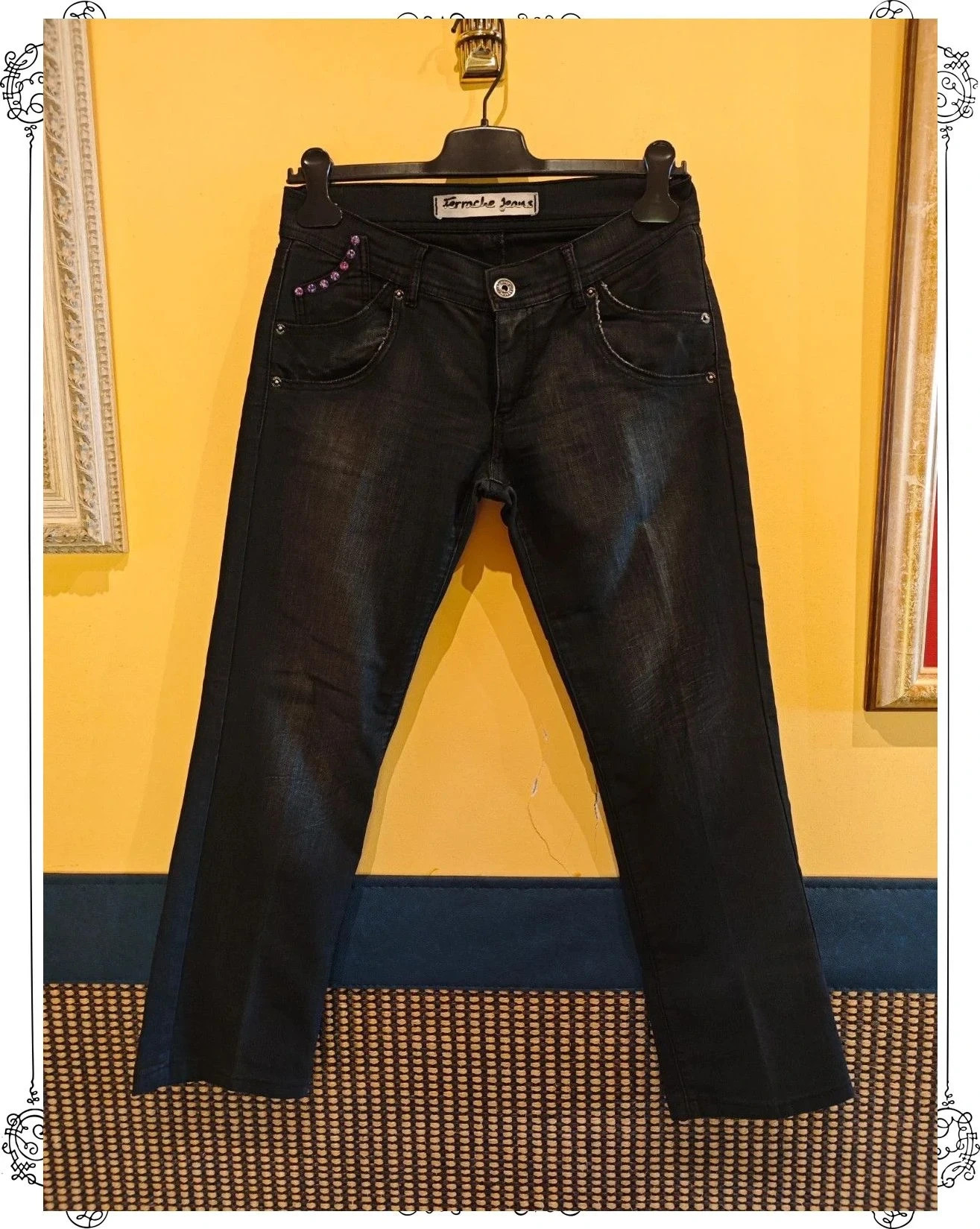 🌺 Elegante vaquero negro deslavado con abalorios y cremallera en bolsillos traseros, de Ferrache – Ferrache – taille M / 38 / 10 2