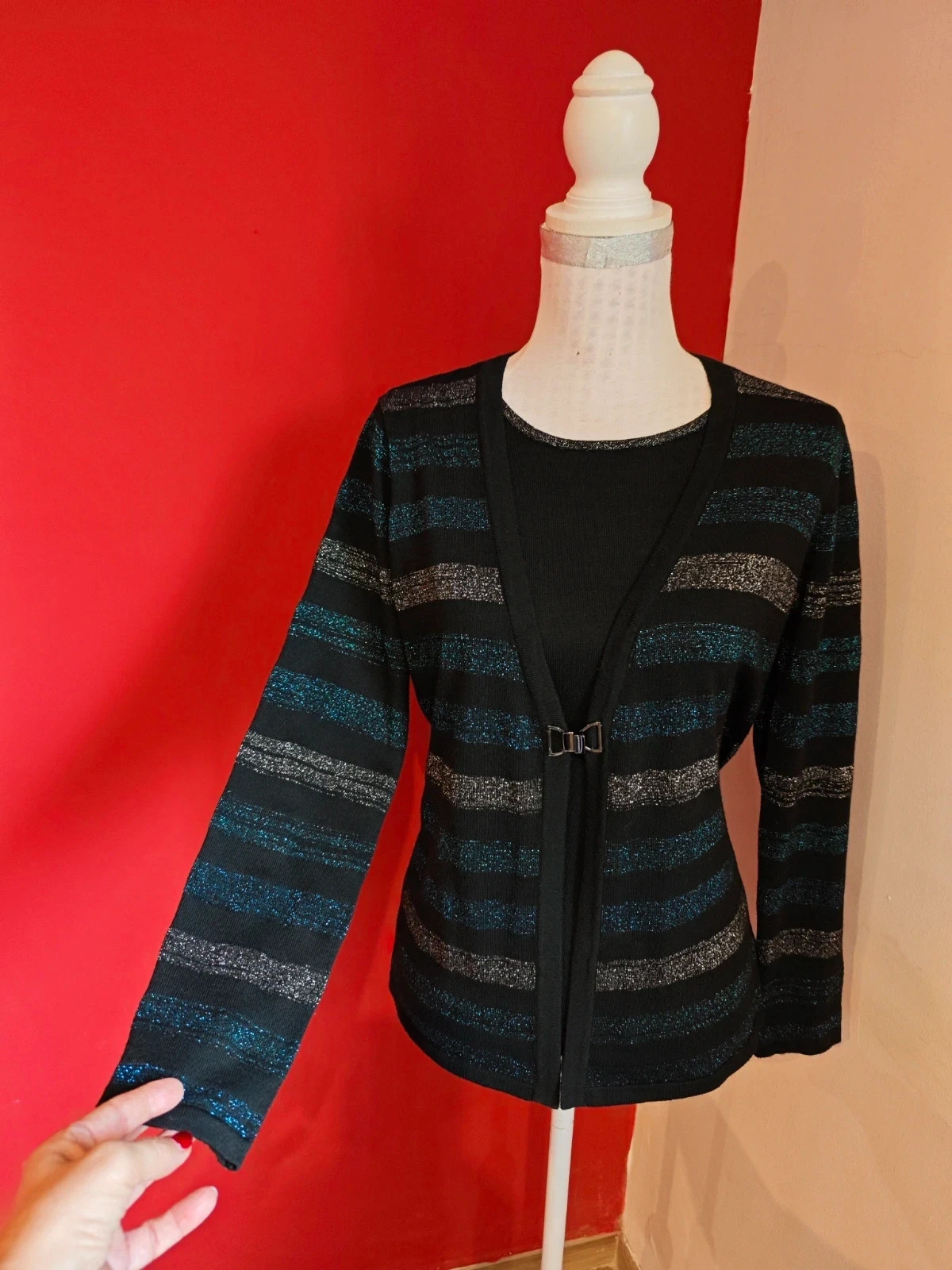 🌺 Original jersey con solapas con broche de punto negro con franjas azul y plateado con brillos – C&A – taille L / 40 / 12 2