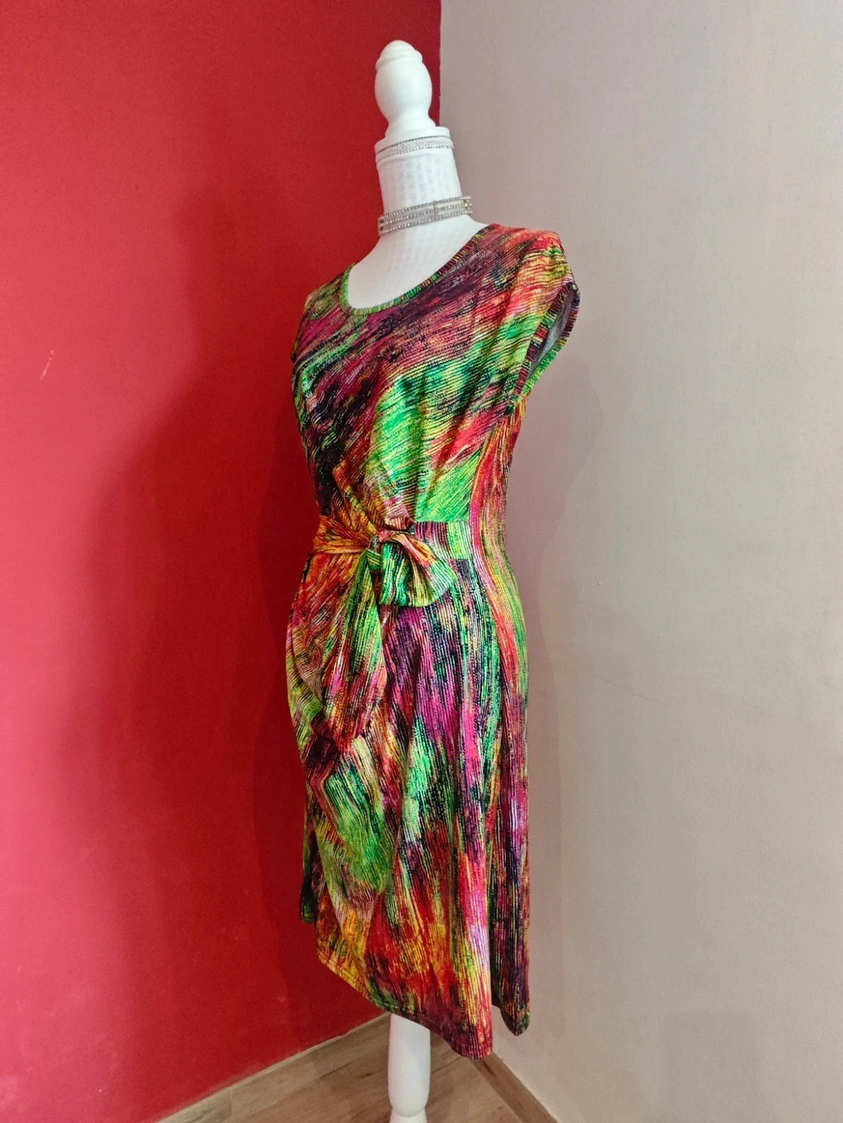 🌺 Precioso vestido estampado multicolor con fruncido y lazo en cintura – bdba – taille XL / 42 / 14 2