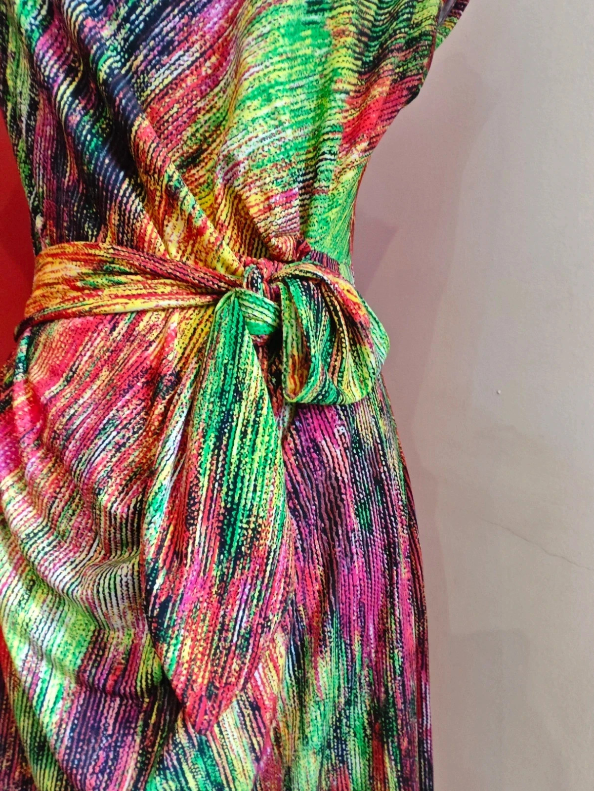 🌺 Precioso vestido estampado multicolor con fruncido y lazo en cintura – bdba – taille XL / 42 / 14 5