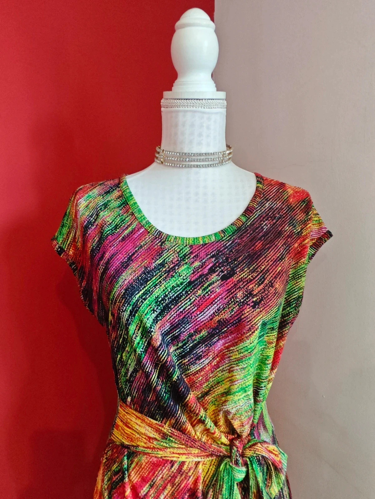 🌺 Precioso vestido estampado multicolor con fruncido y lazo en cintura – bdba – taille XL / 42 / 14 3