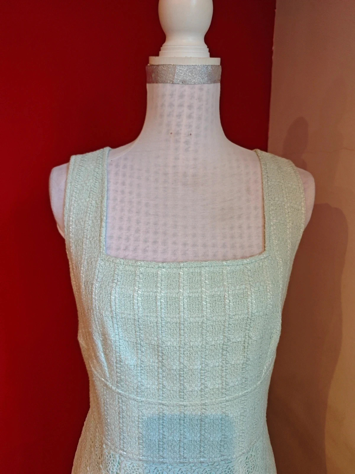 🌺 Elegante vestido de tweed y guipur verde clarito, de Felipe Varela – Felipe Varela – taille XL / 42 / 14 4