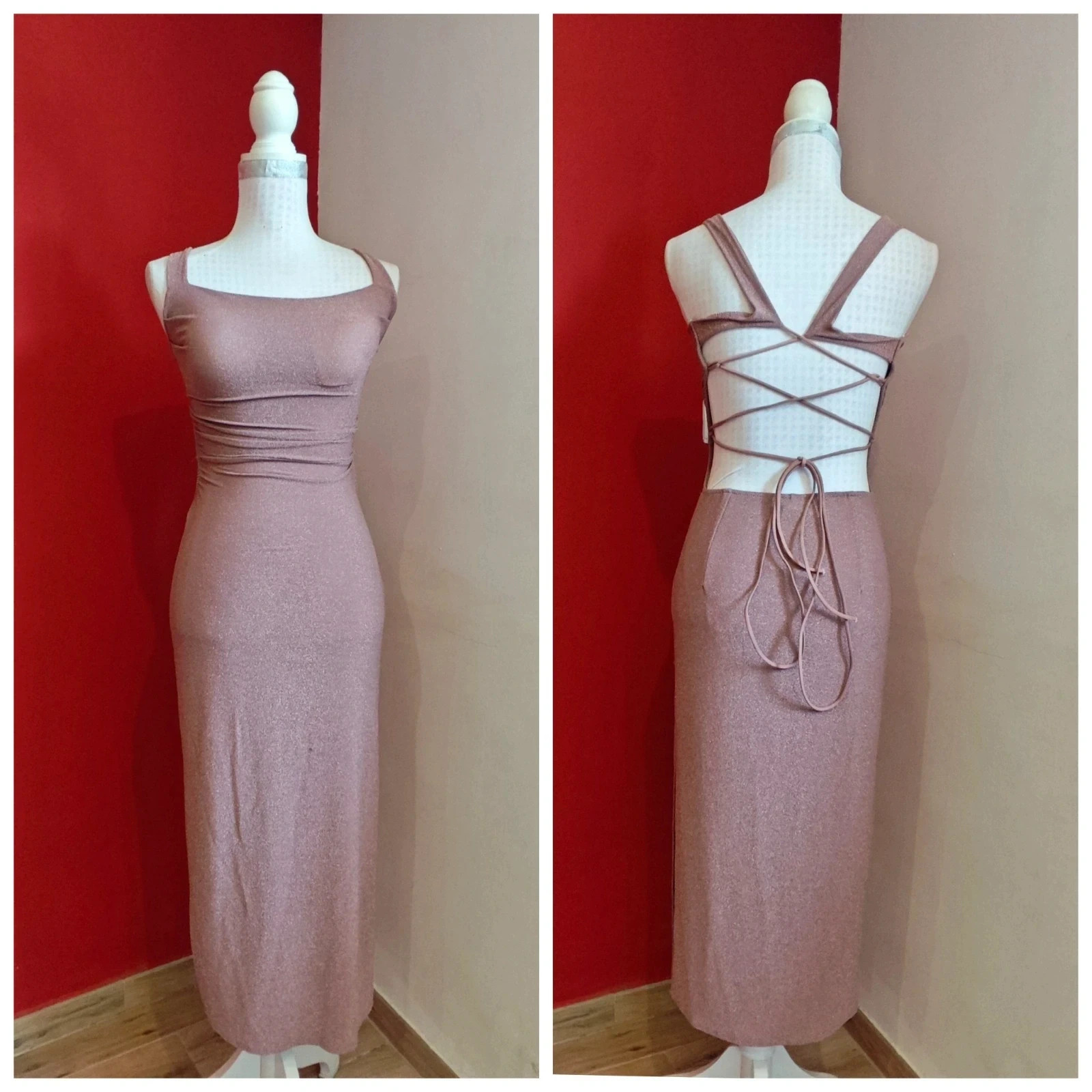 🌺 Precioso vestido midi en tono rosado con acabado brillante con espalda descubierta