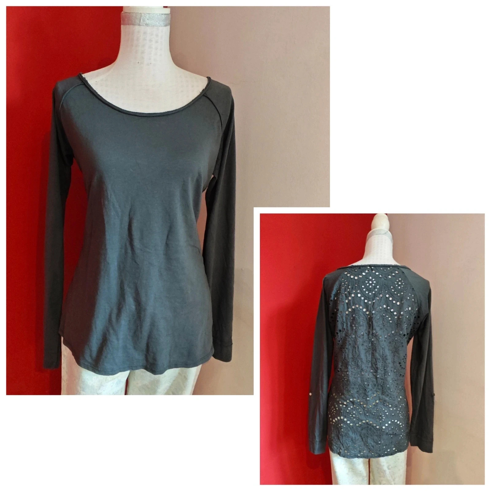 🌺 Bonita camiseta de algodón gris con la parte trasera de bordados troquelados – Uno Piu Uno – taille XL / 42 / 14