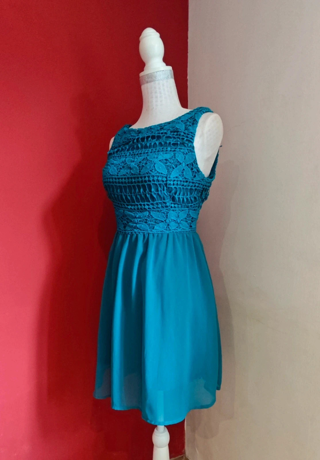 🌺 Elegante vestido de algodón tono aguamarina con la parte superior de crochet y falda de gasa – SuiteBlanco – taille L / 40 / 12 2