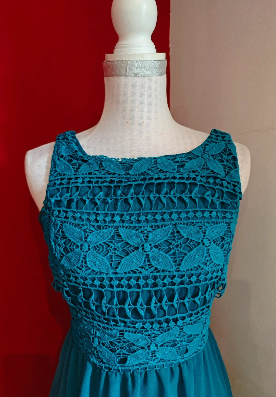 🌺 Elegante vestido de algodón tono aguamarina con la parte superior de crochet y falda de gasa – SuiteBlanco – taille L / 40 / 12 3