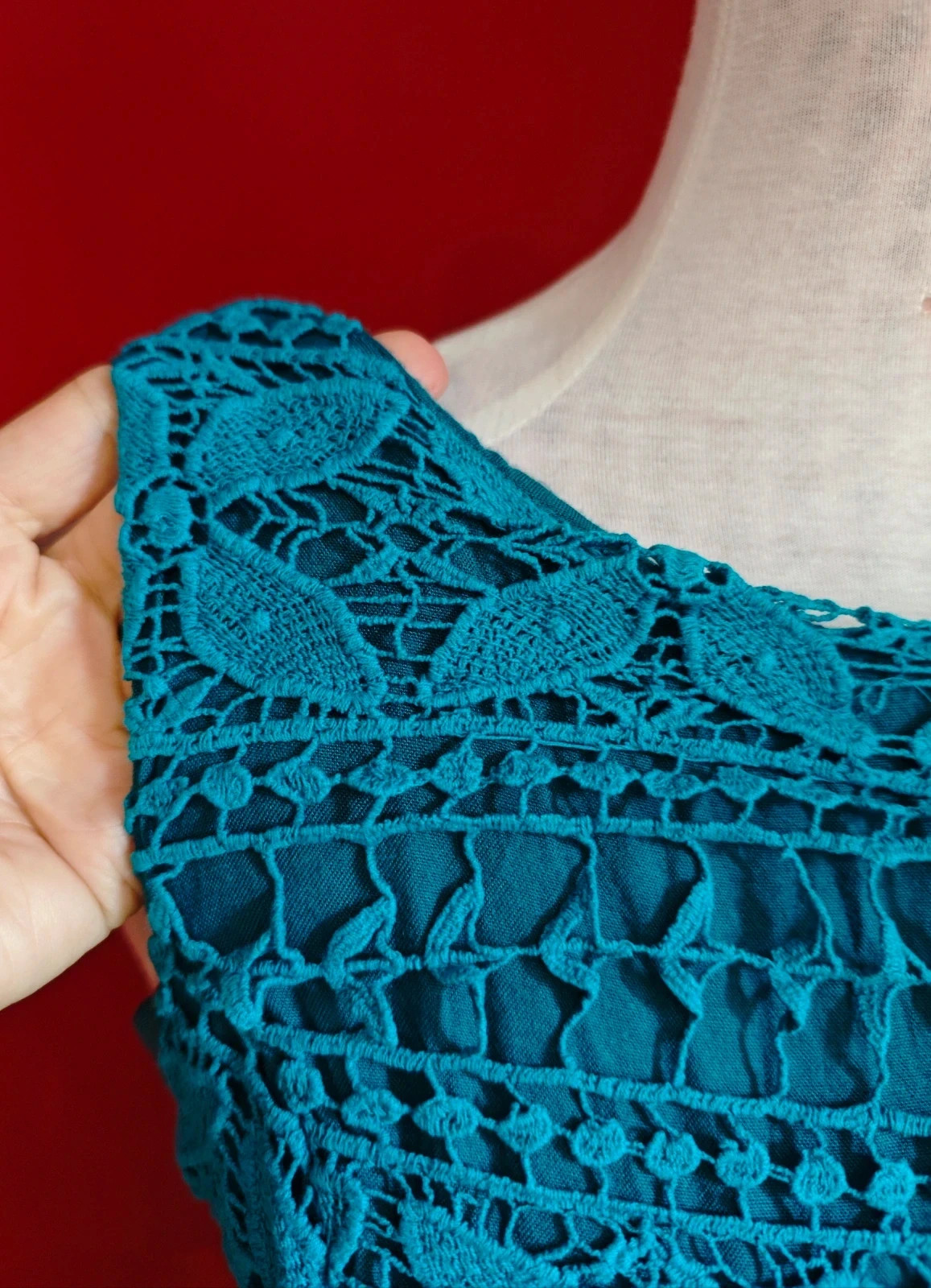 🌺 Elegante vestido de algodón tono aguamarina con la parte superior de crochet y falda de gasa – SuiteBlanco – taille L / 40 / 12 4